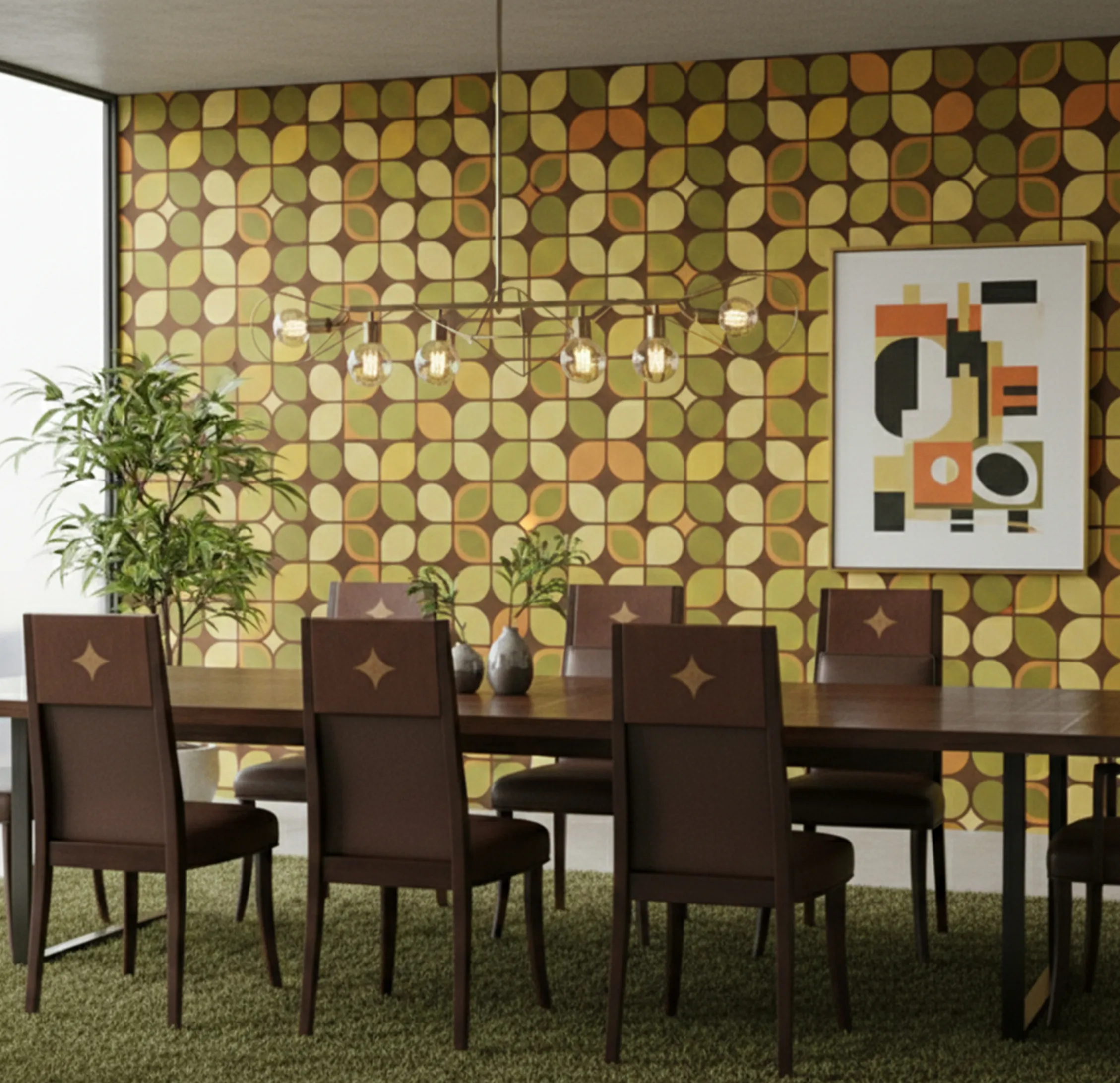 Dodici sedie antiche con dettagli sullo schienale in una sala da pranzo moderna