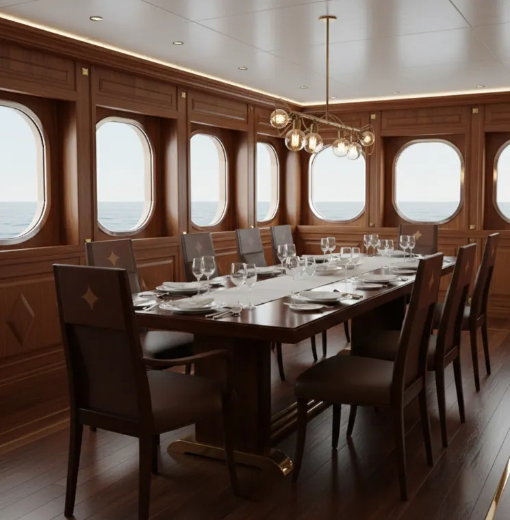 Sala elegante con 12 sillas antiguas y mesa de comedor