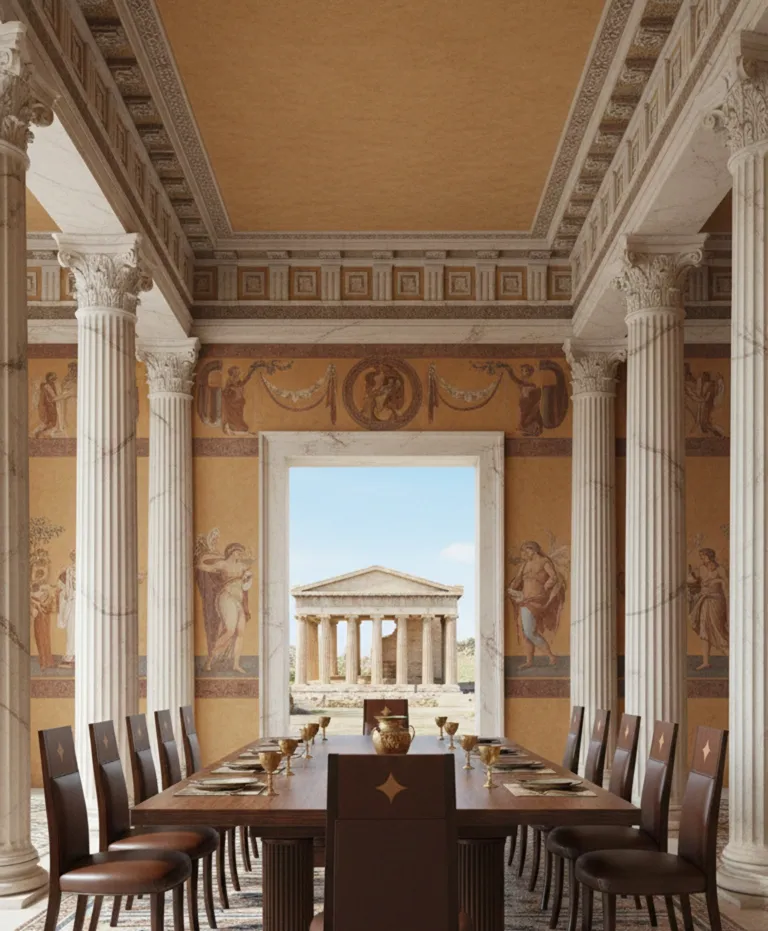12 sillas antiguas en un comedor elegante con columnas