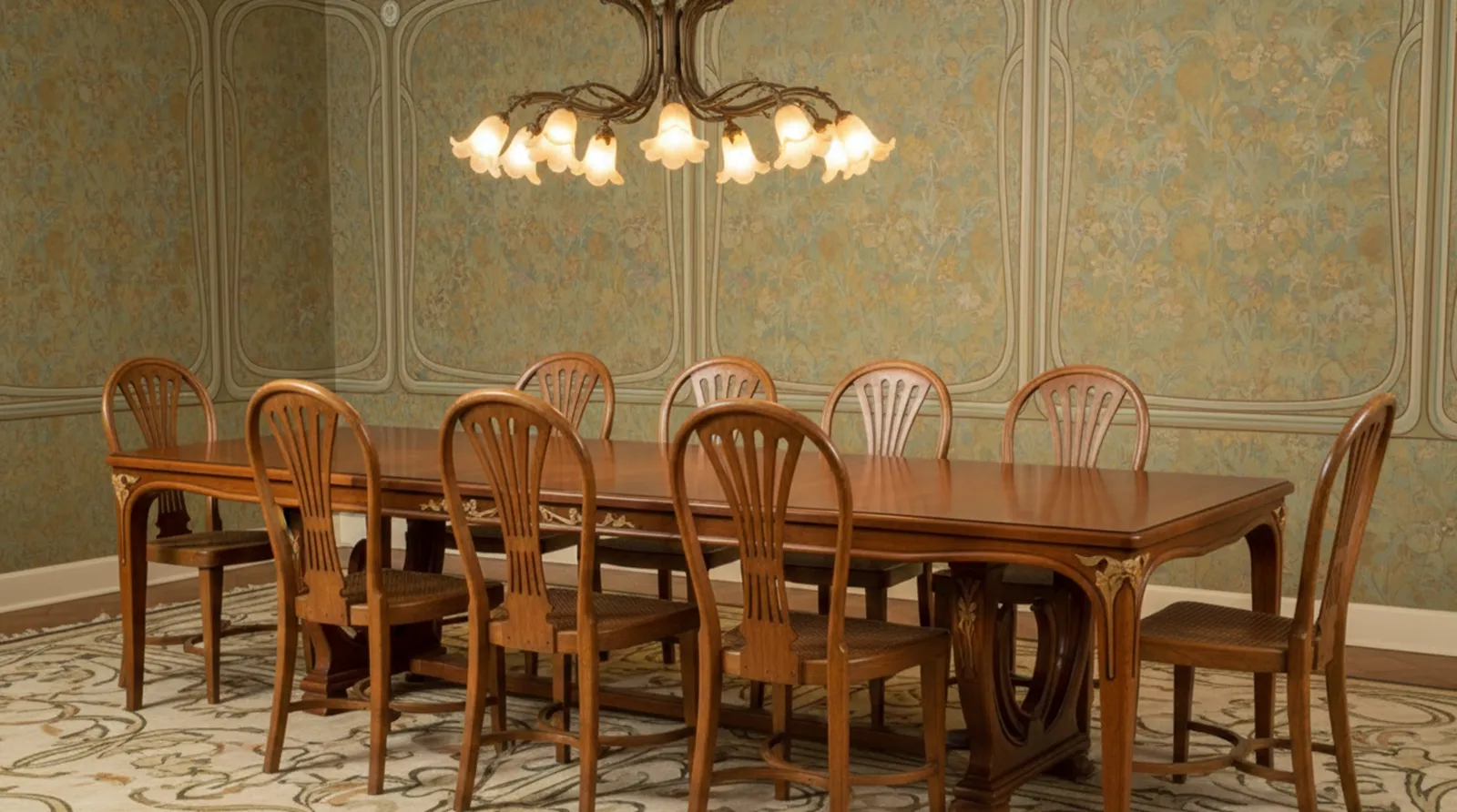 12 antique thonet chairs in a room with a wooden table