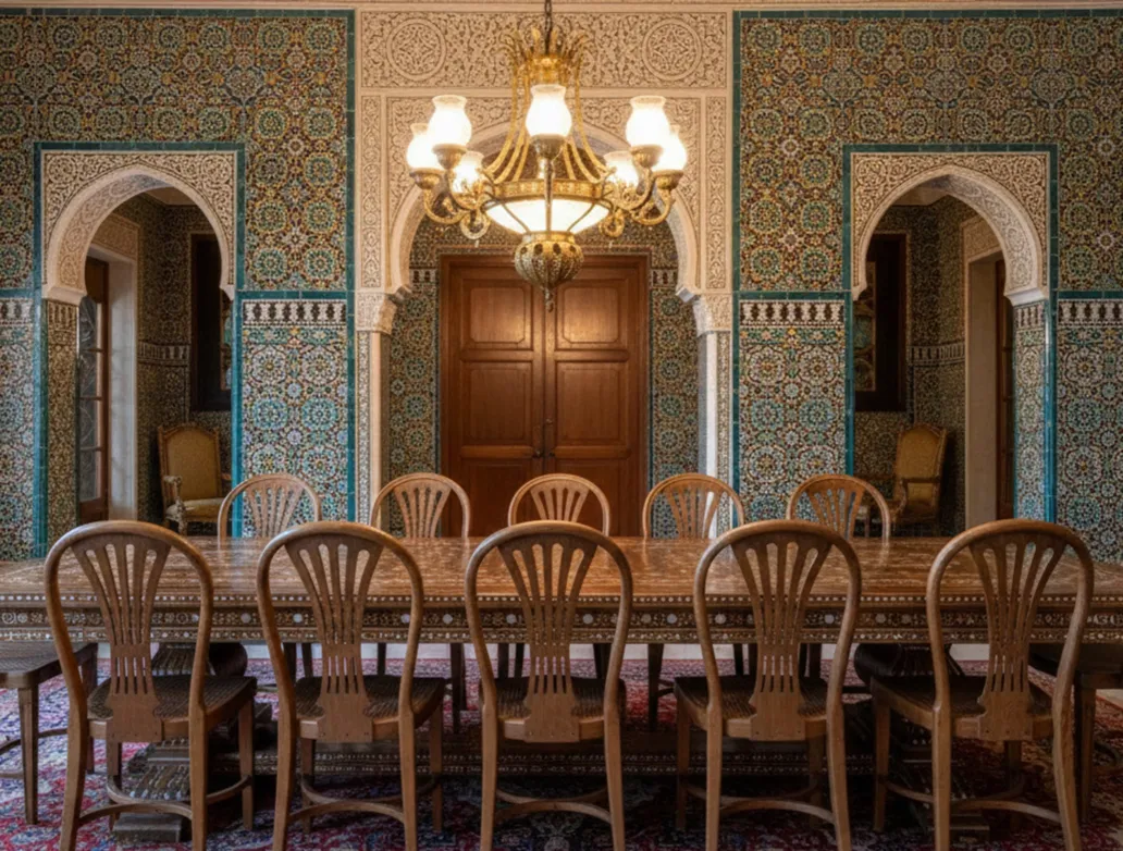 12 antike thonet-stühle in einem dekorativen esszimmer