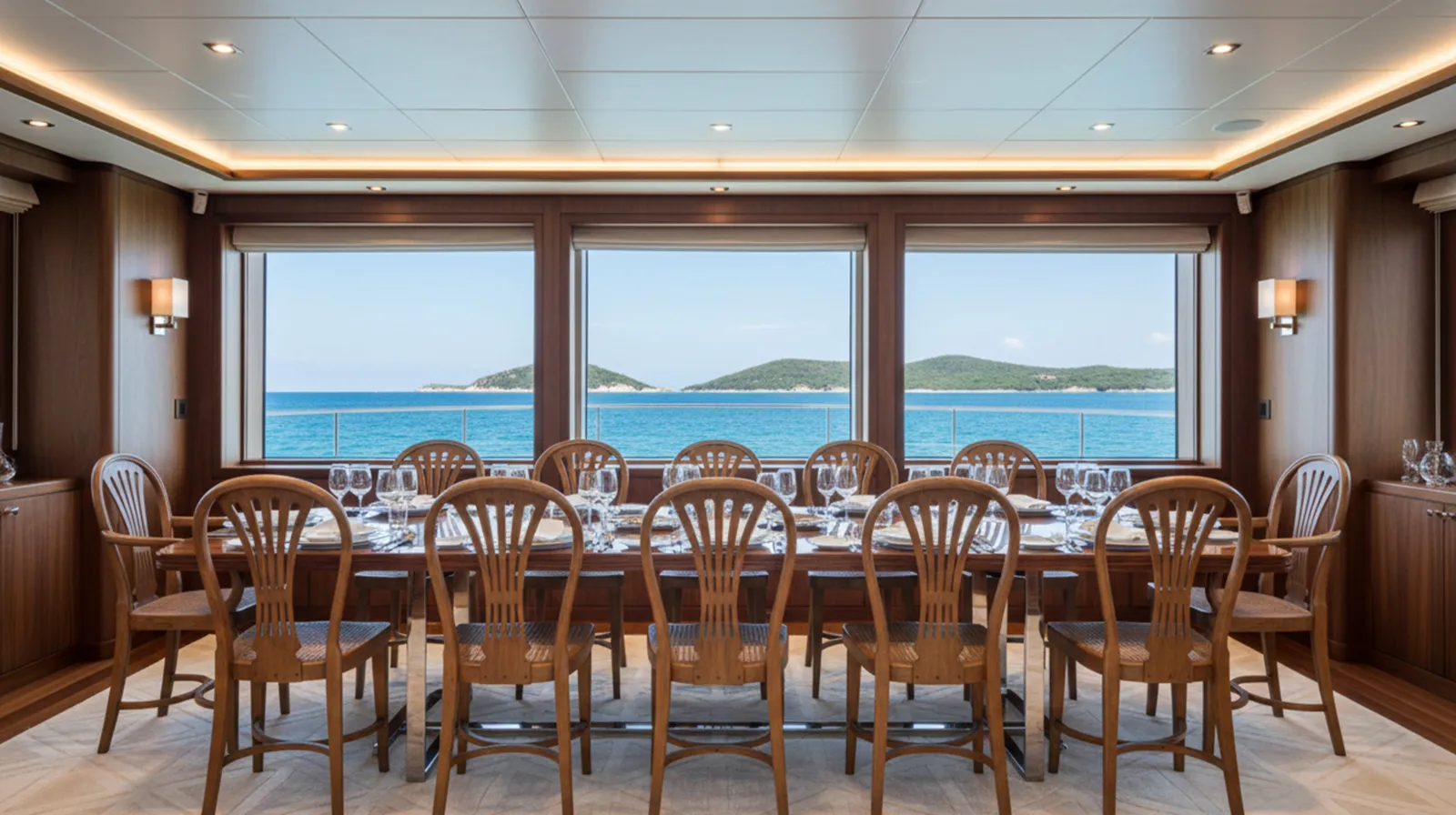 Doce sillas antiguas de Thonet en un entorno elegante con vista al mar.