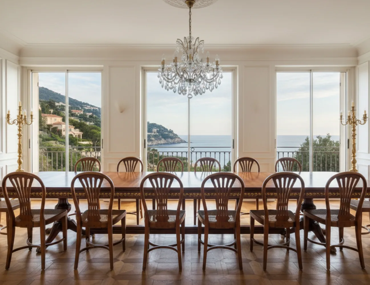 Douze chaises anciennes thonet dans une salle à manger avec vue sur la mer