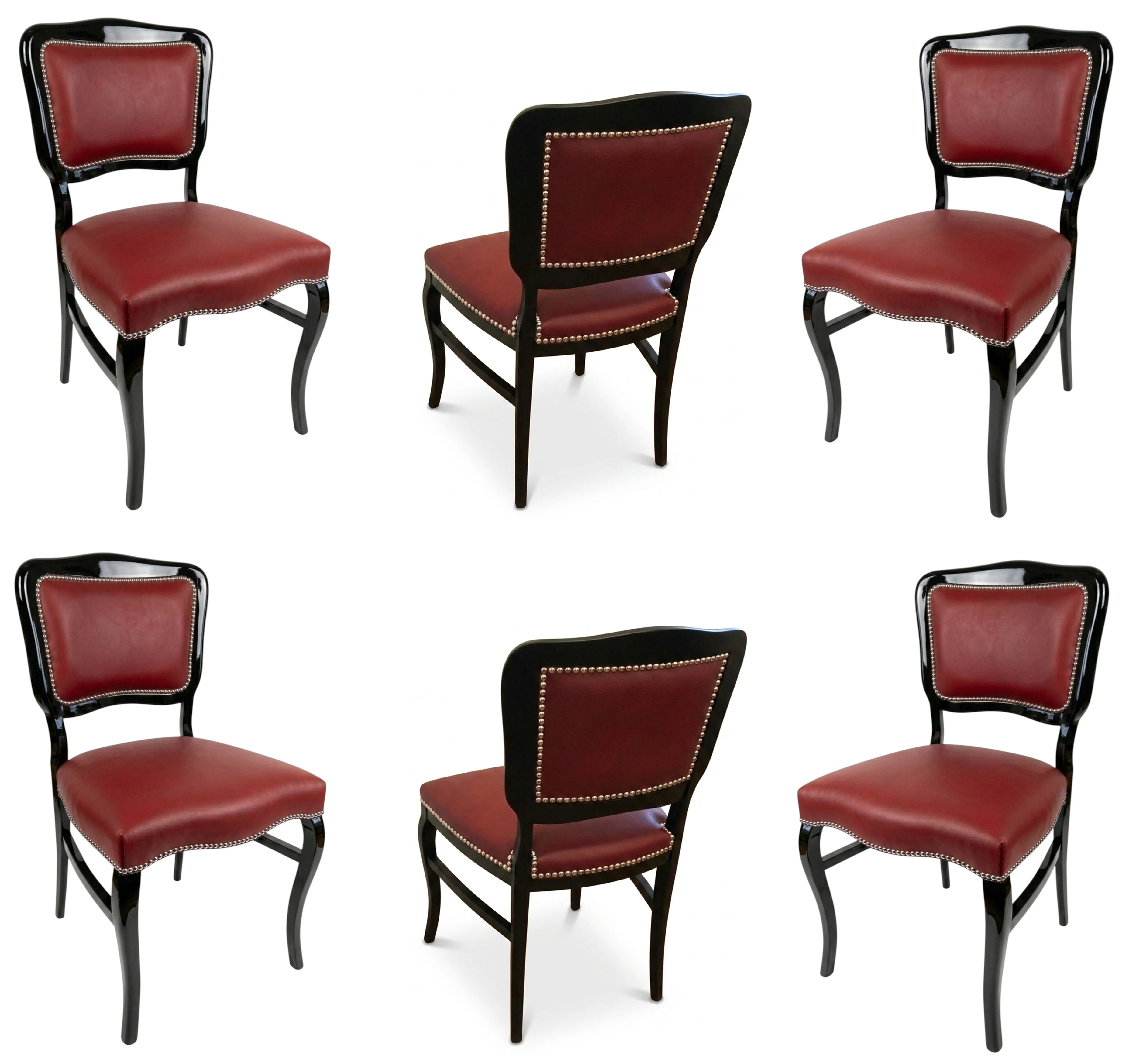 Conjunto de 6 cadeiras antigas com almofadas vermelhas, várias vistas