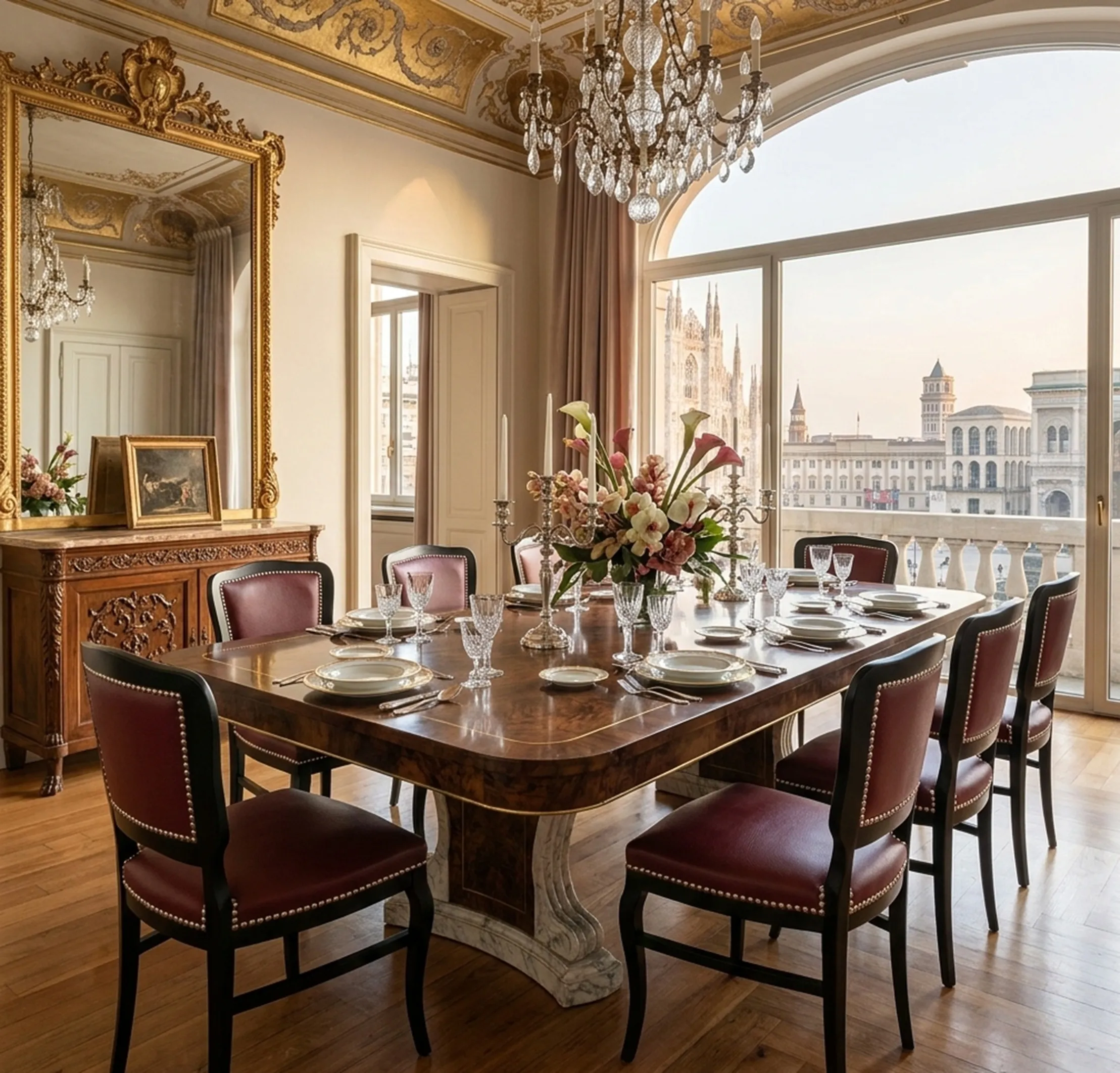 Esszimmer mit 6 antiken Stühlen zur Restaurierung und Blumendekor