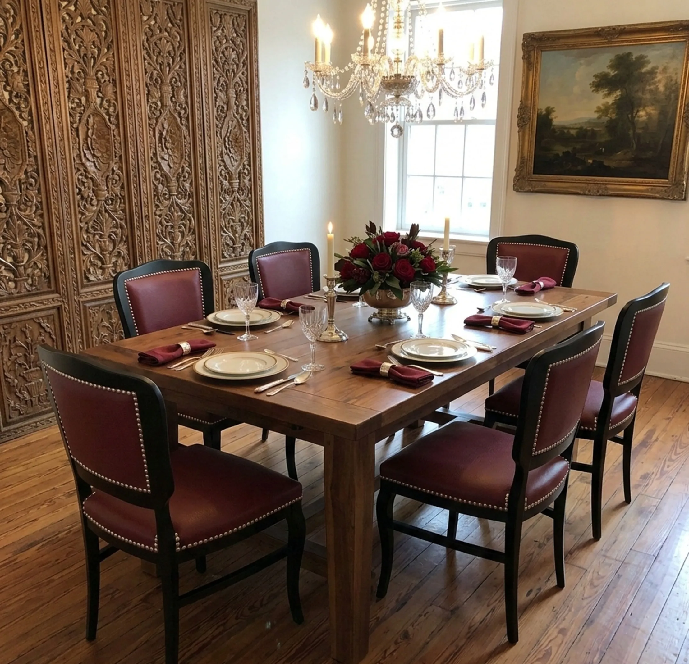 Set di 6 sedie antiche con rivestimento rosso, ambiente elegante