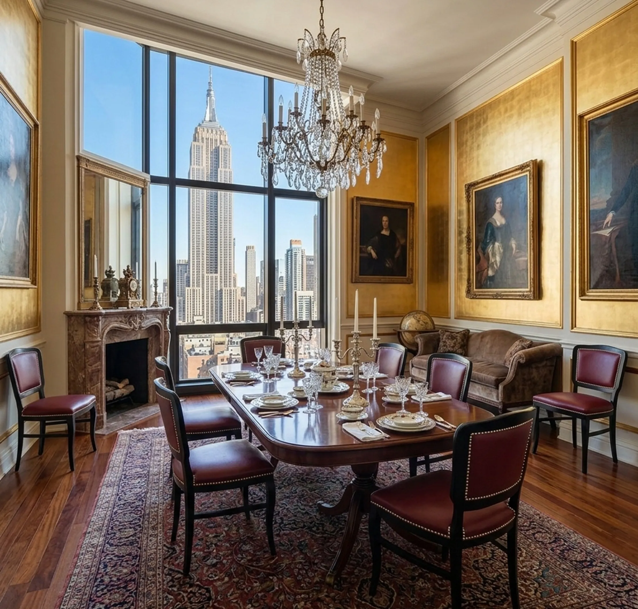 sechs antike Stühle zum Restaurieren in einem eleganten Esszimmer mit Aussicht