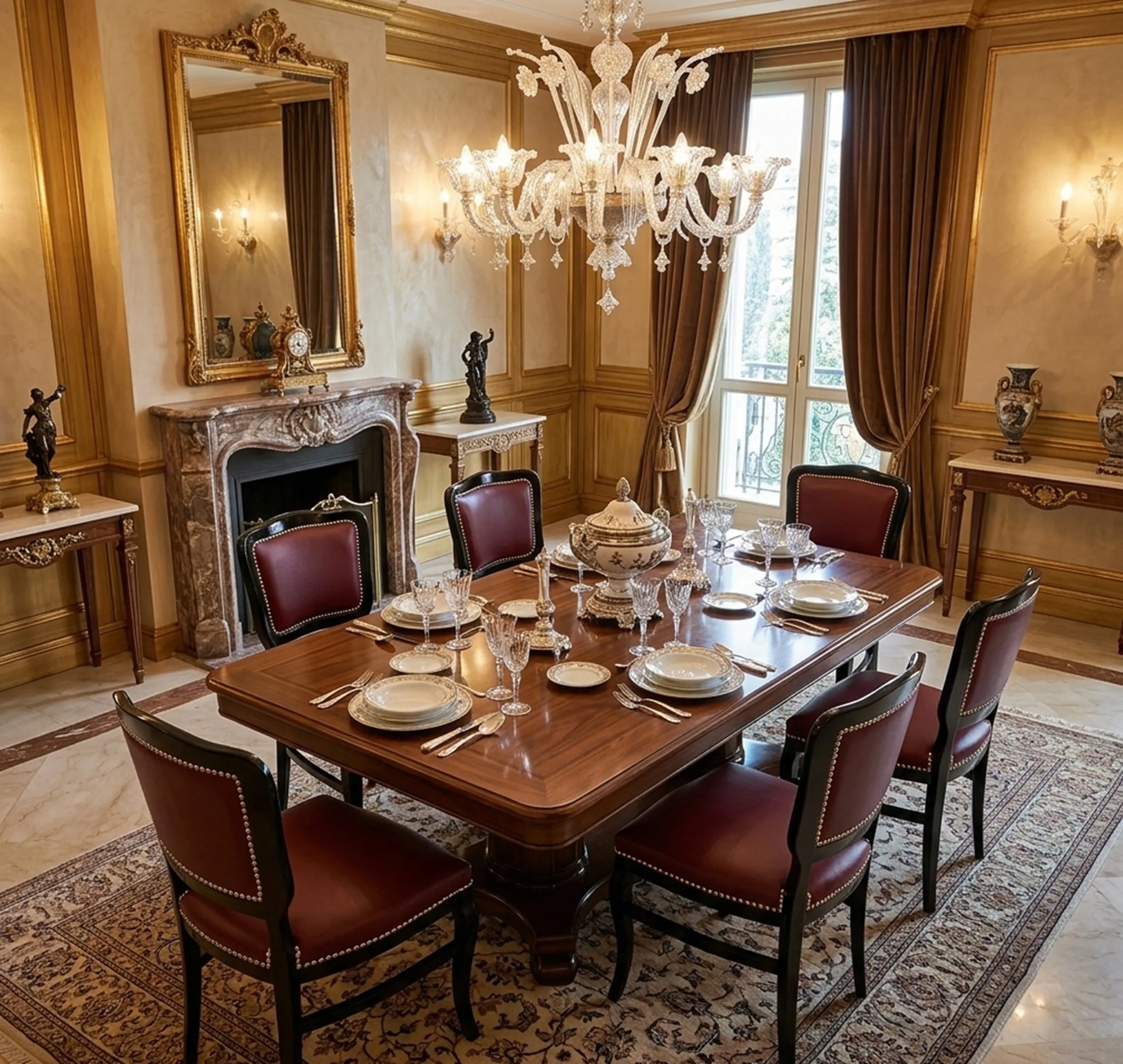 6 sedie antiche in una sala da pranzo elegante con tavolo e decorazioni