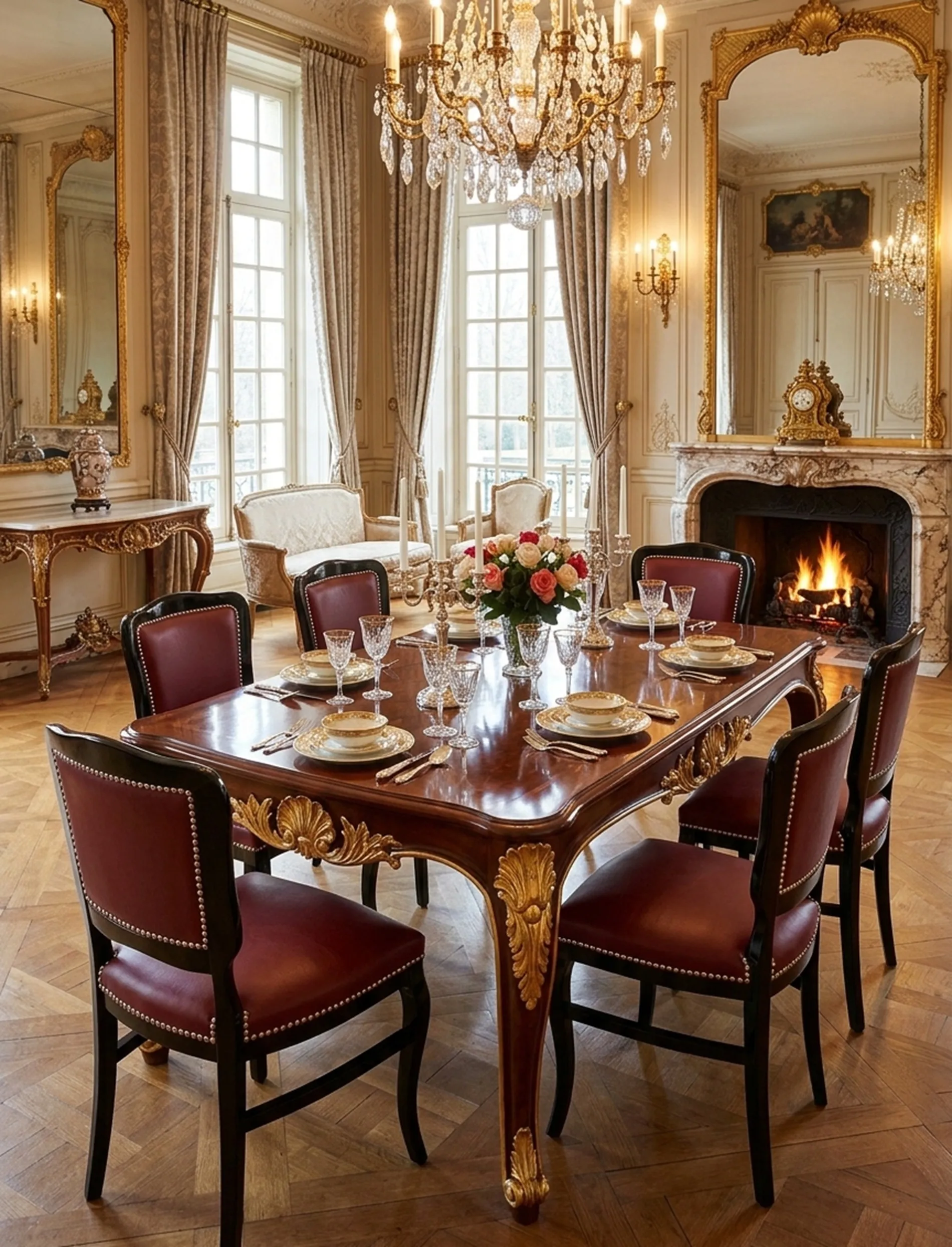 Salle à manger élégante avec 6 chaises anciennes et table, décoration classique.