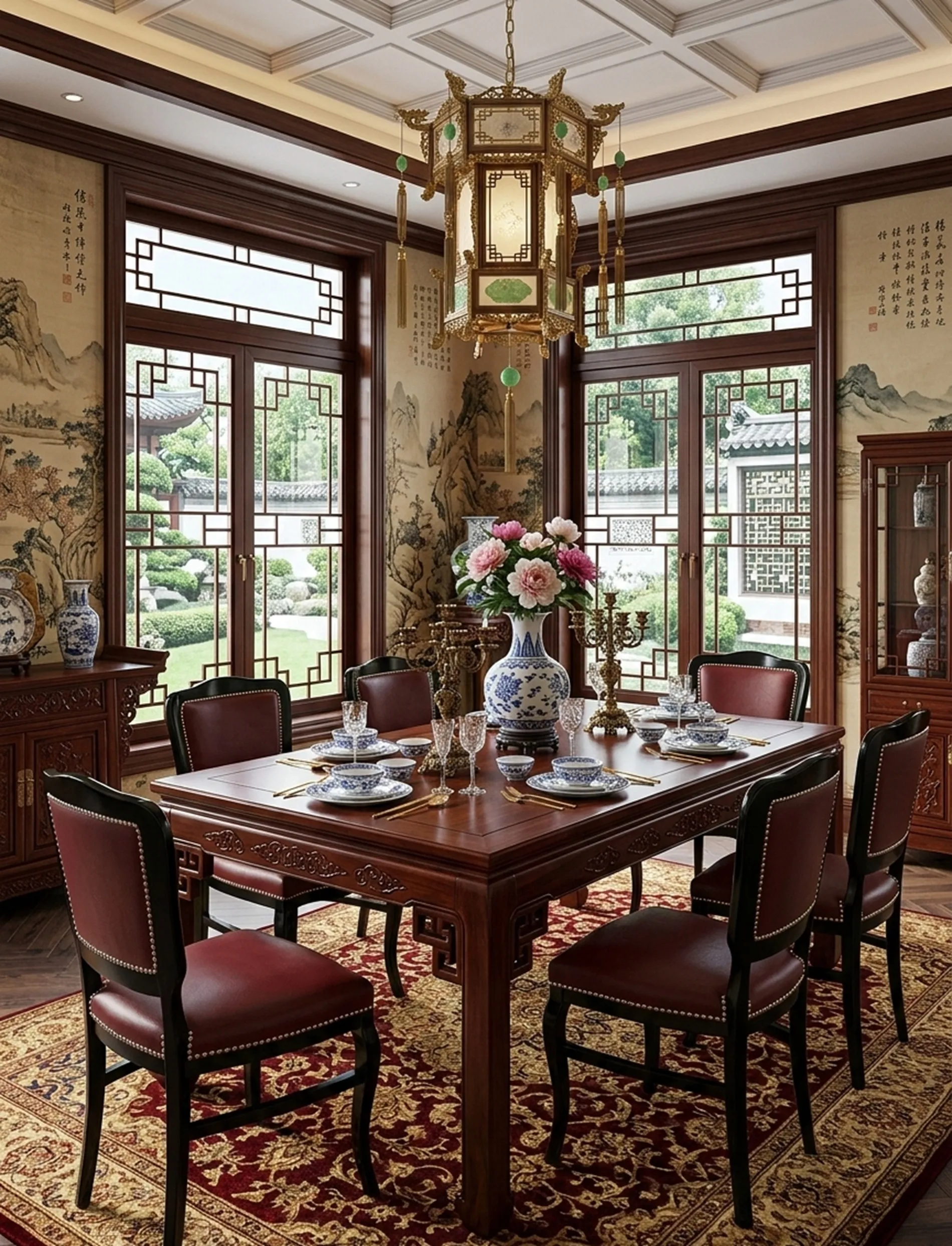 sechs antike Stühle in einer eleganten Umgebung, umgeben von Dekorationen und einem Tisch.