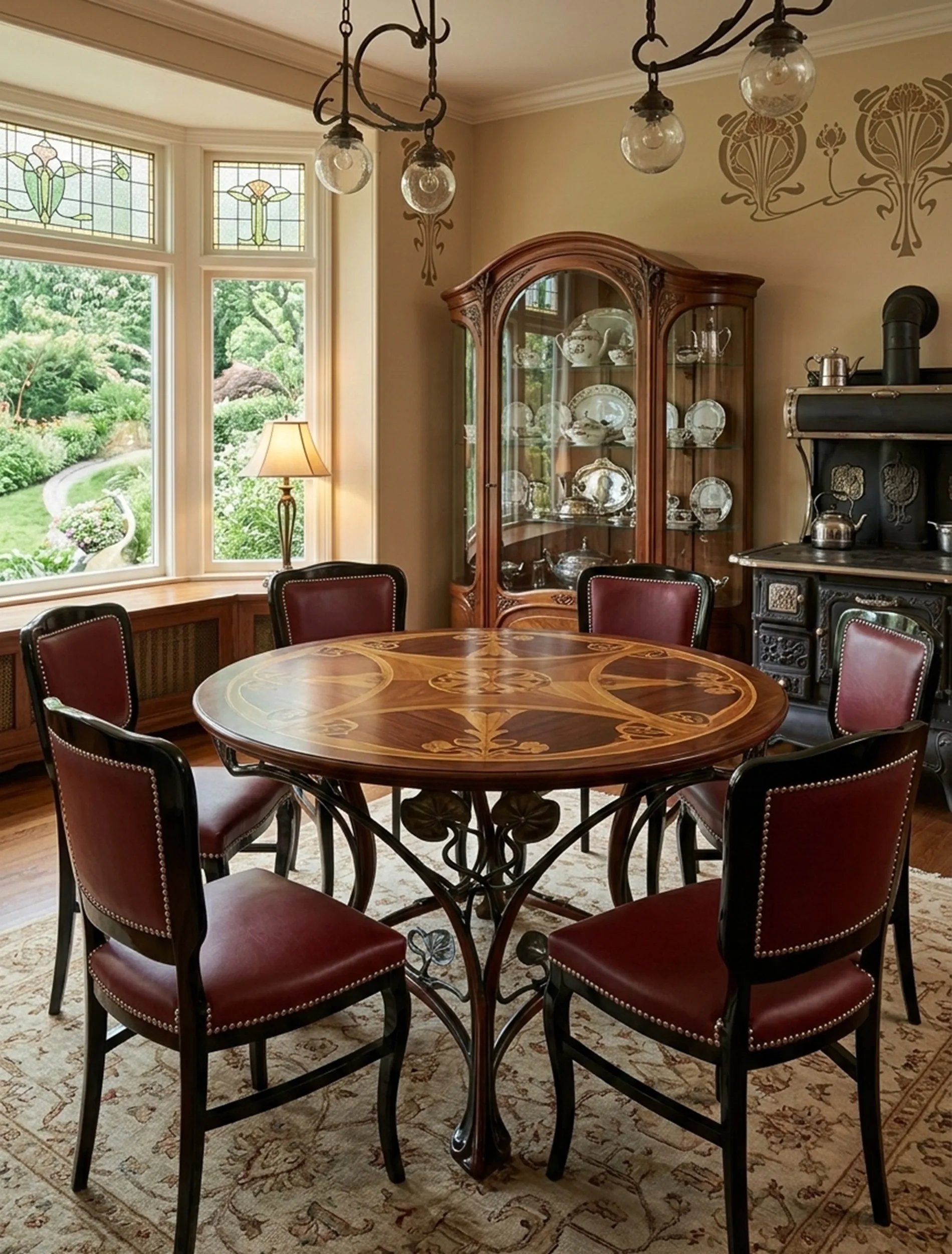 Set of 6 antique chairs to restore, featuring burgundy upholstery, in a classic setting.