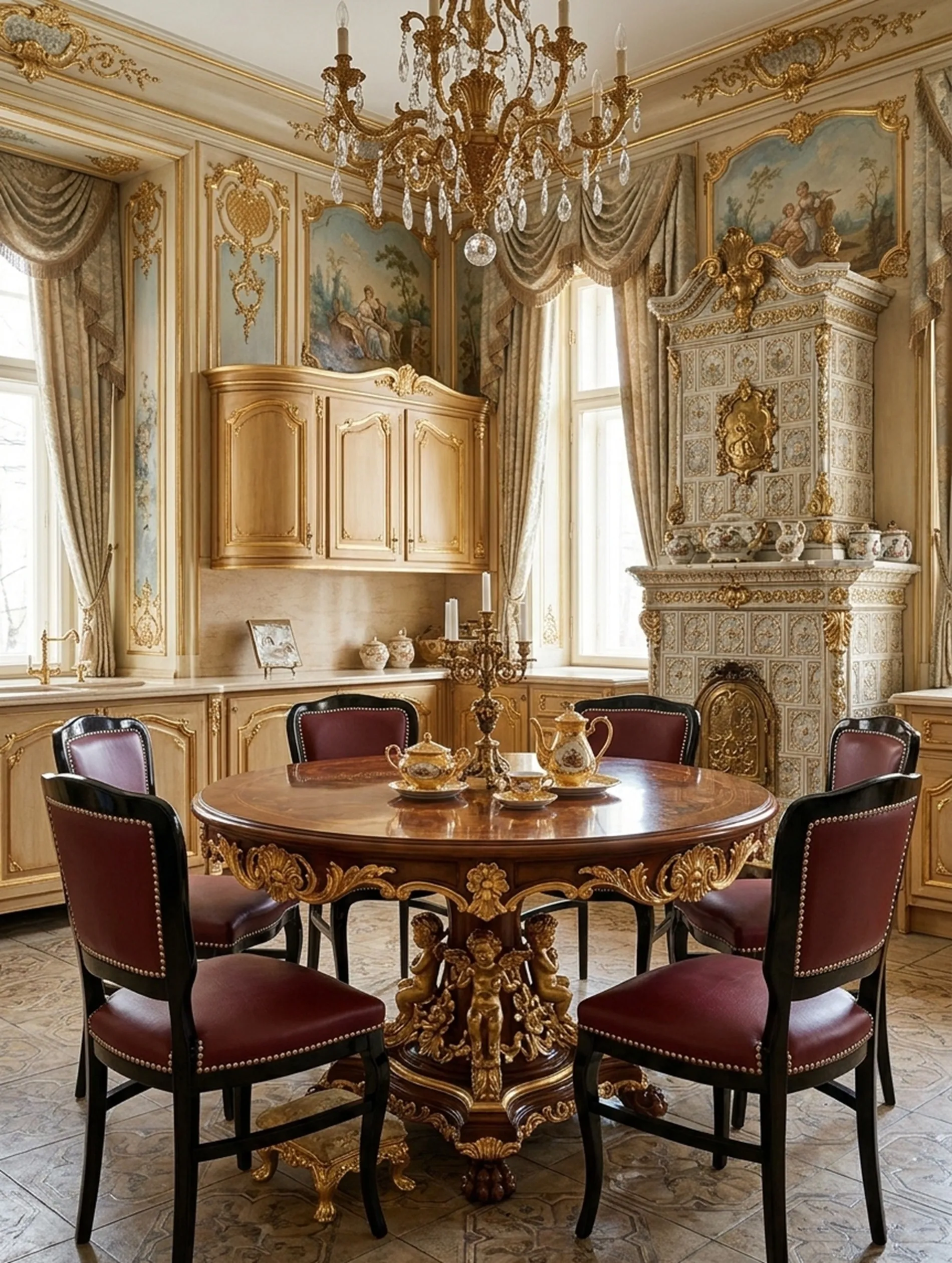 antiquité 6 chaises avec tapisserie rouge dans une salle élégante