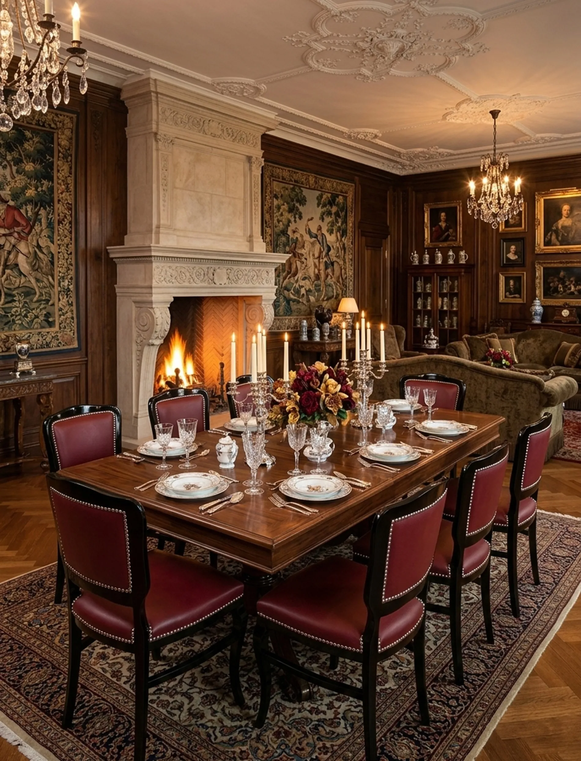 6 antike Stühle um einen Tisch in einem eleganten Esszimmer mit Lüster.