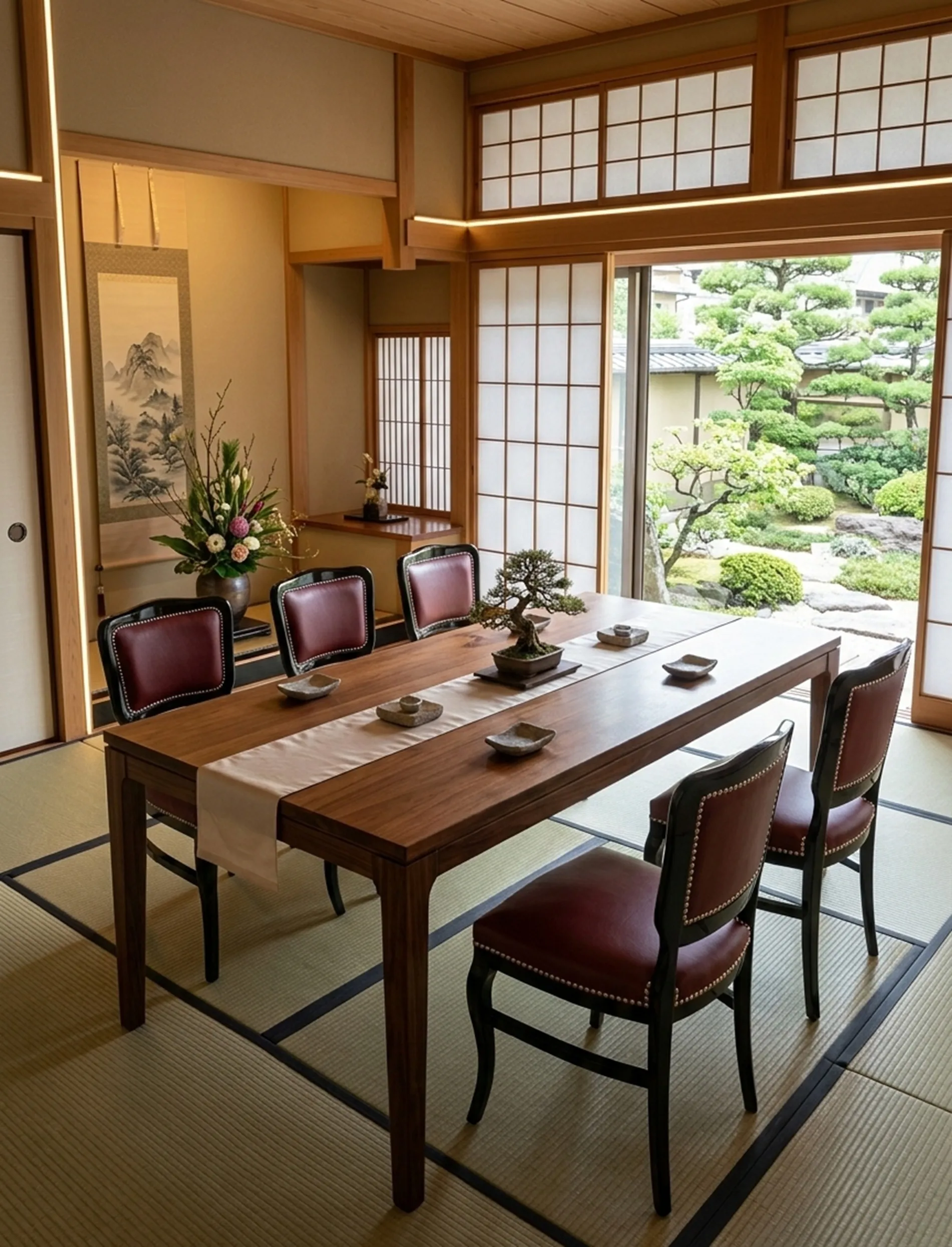 six chaises antiques dans un cadre japonais avec table