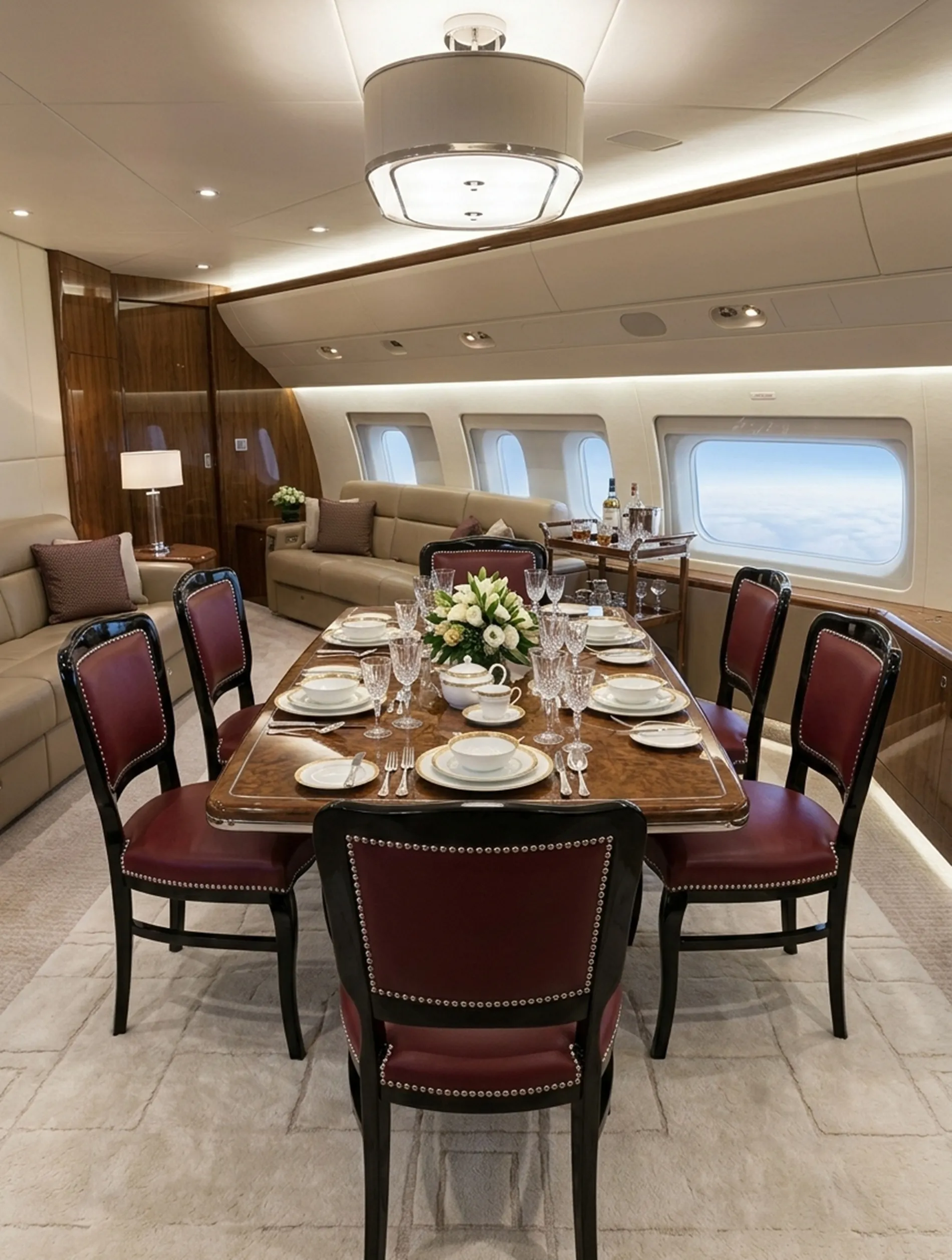 우아한 환경에서 테이블 주위에 있는 의자 6개