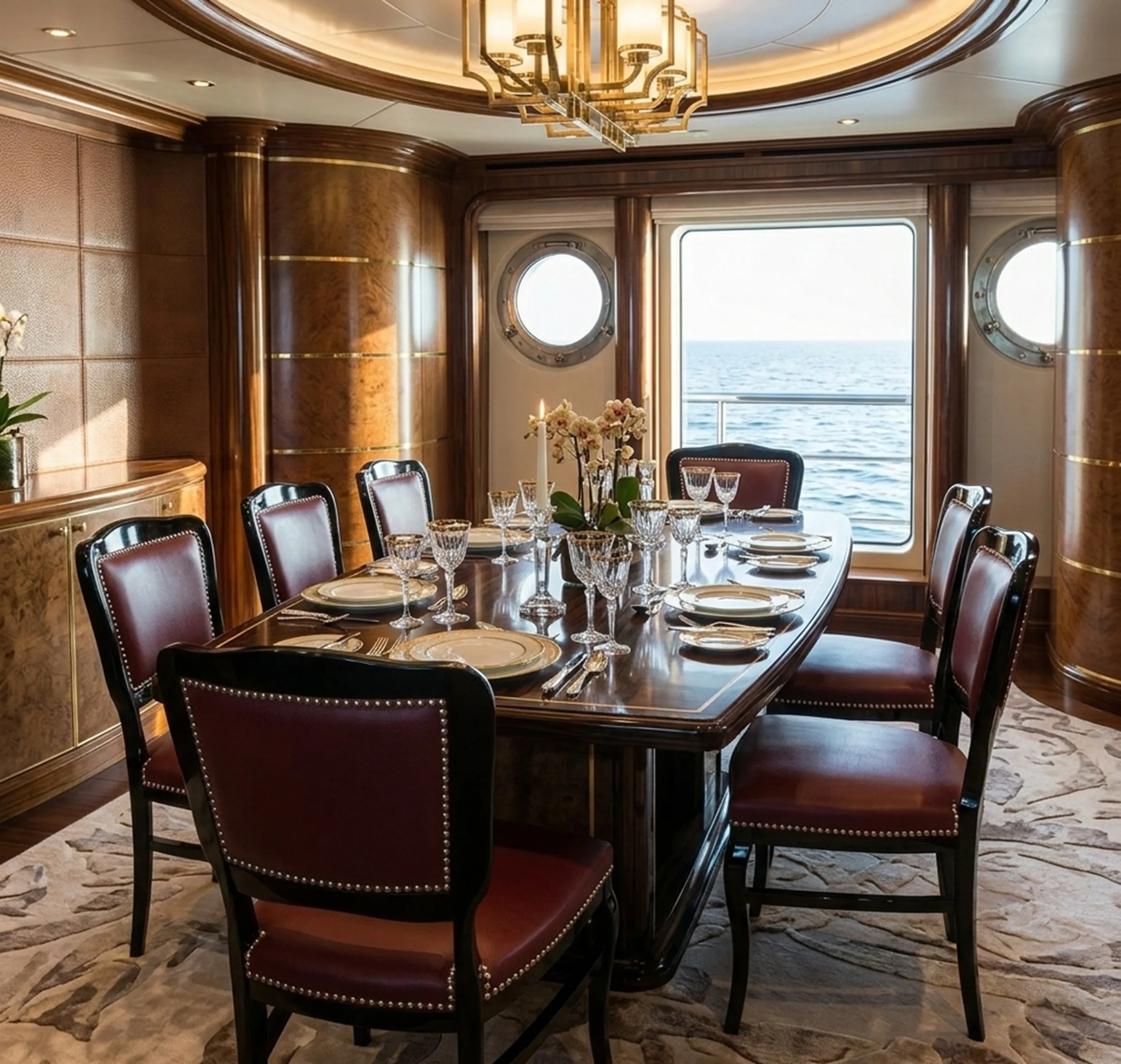 6 antique chairs restored in an elegant dining room with classic decor