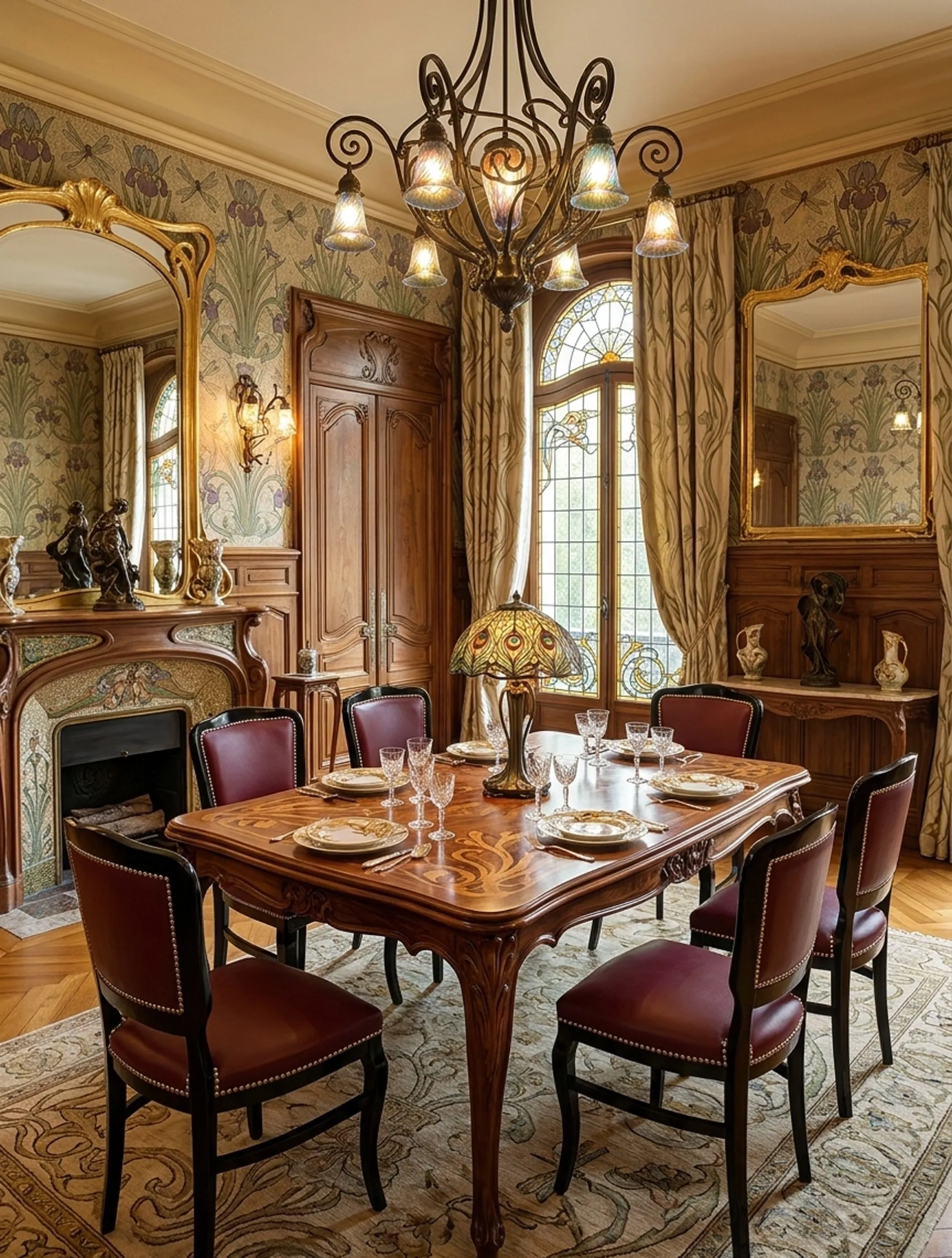 6 cadeiras antigas em uma sala de jantar elegante com luminária.