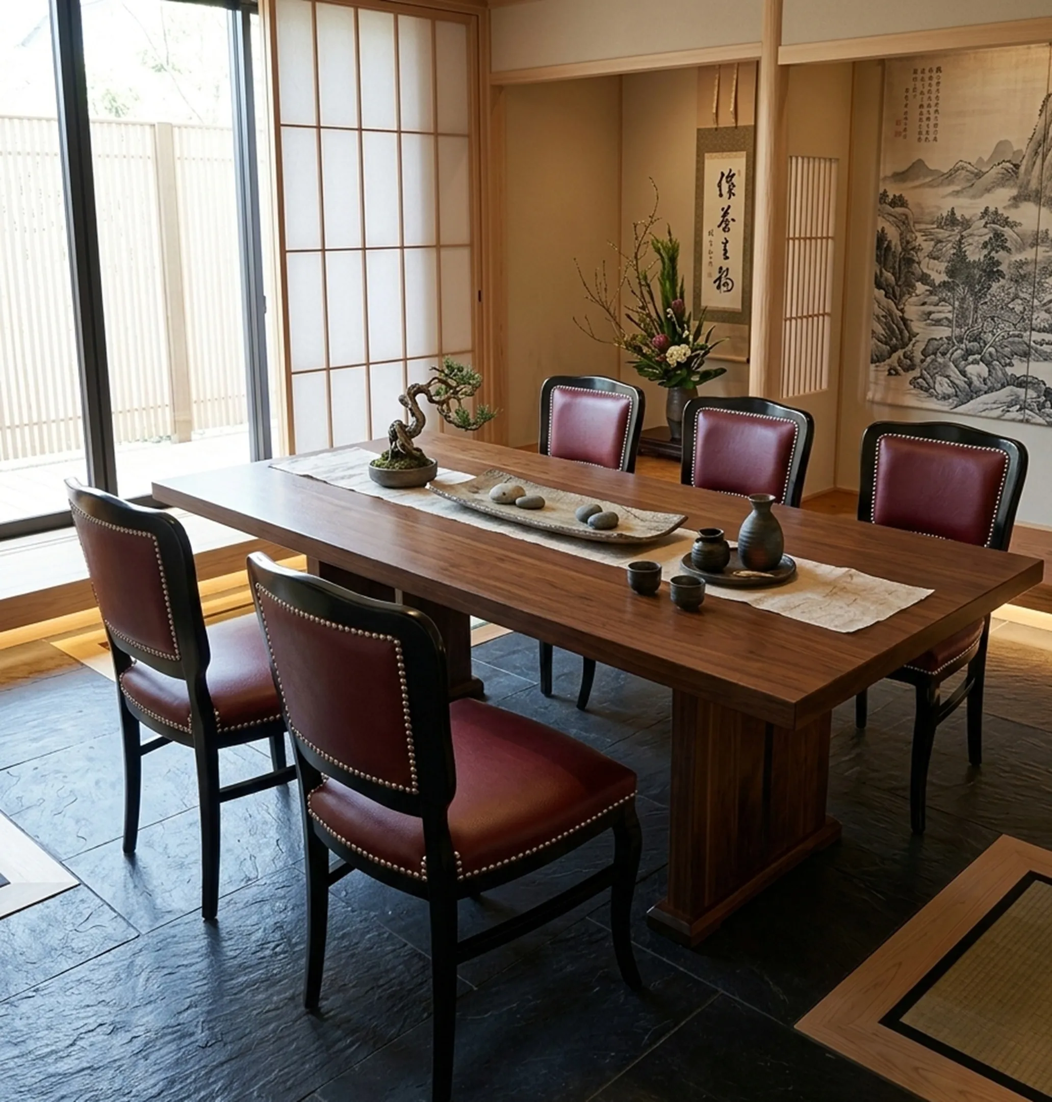 六把古老的红色椅子在极简风格餐厅