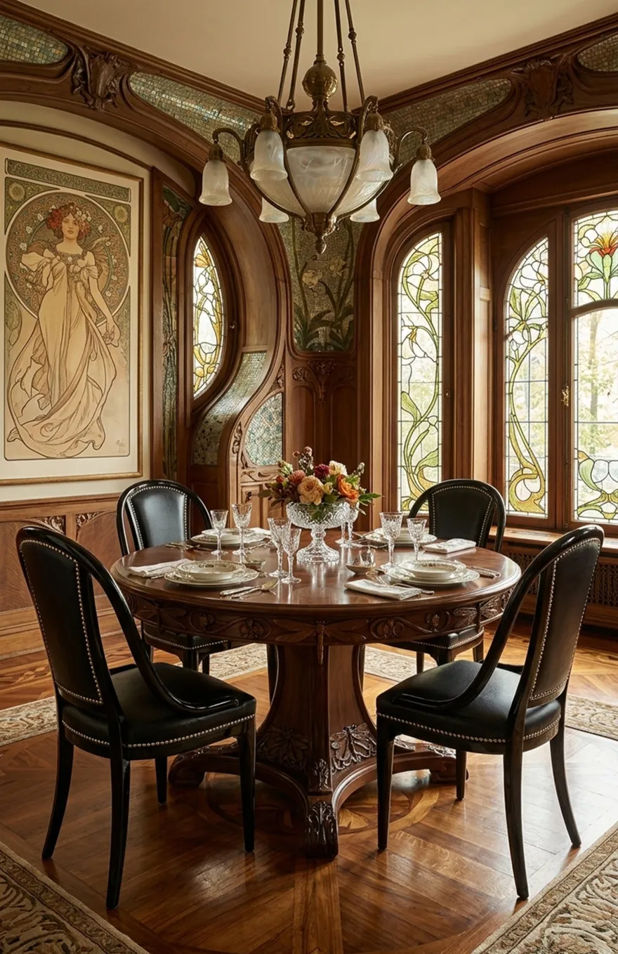 Quatro cadeiras antigas thonet dispostas em uma elegante sala de jantar