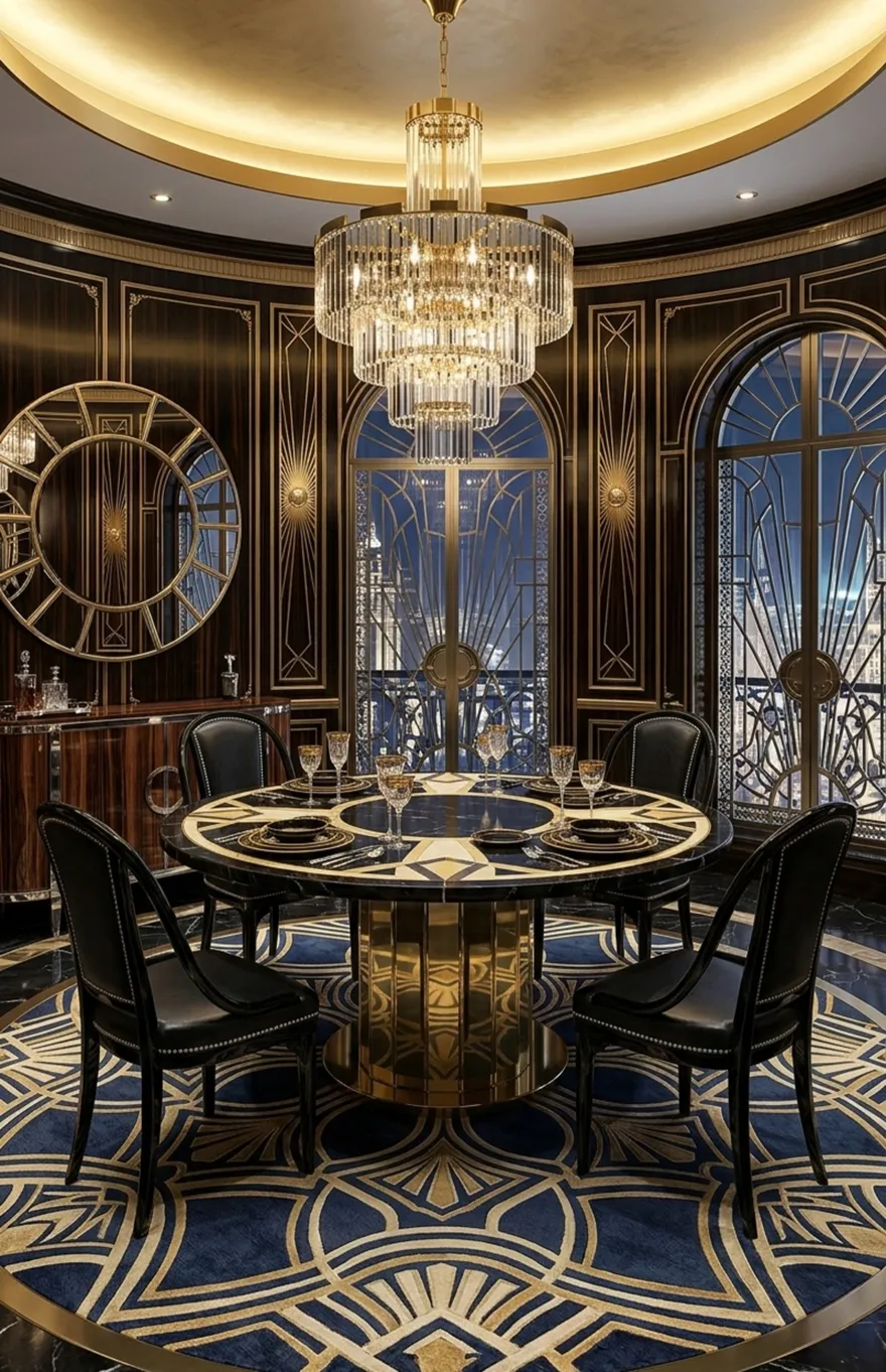 Quatre chaises thonet antiques dans un cadre élégant, devant une table ronde en verre.