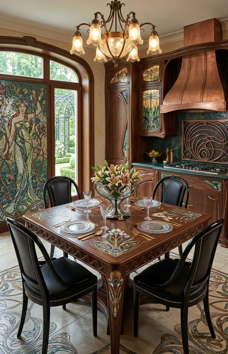 Four antique Thonet chairs in an elegant dining room.
