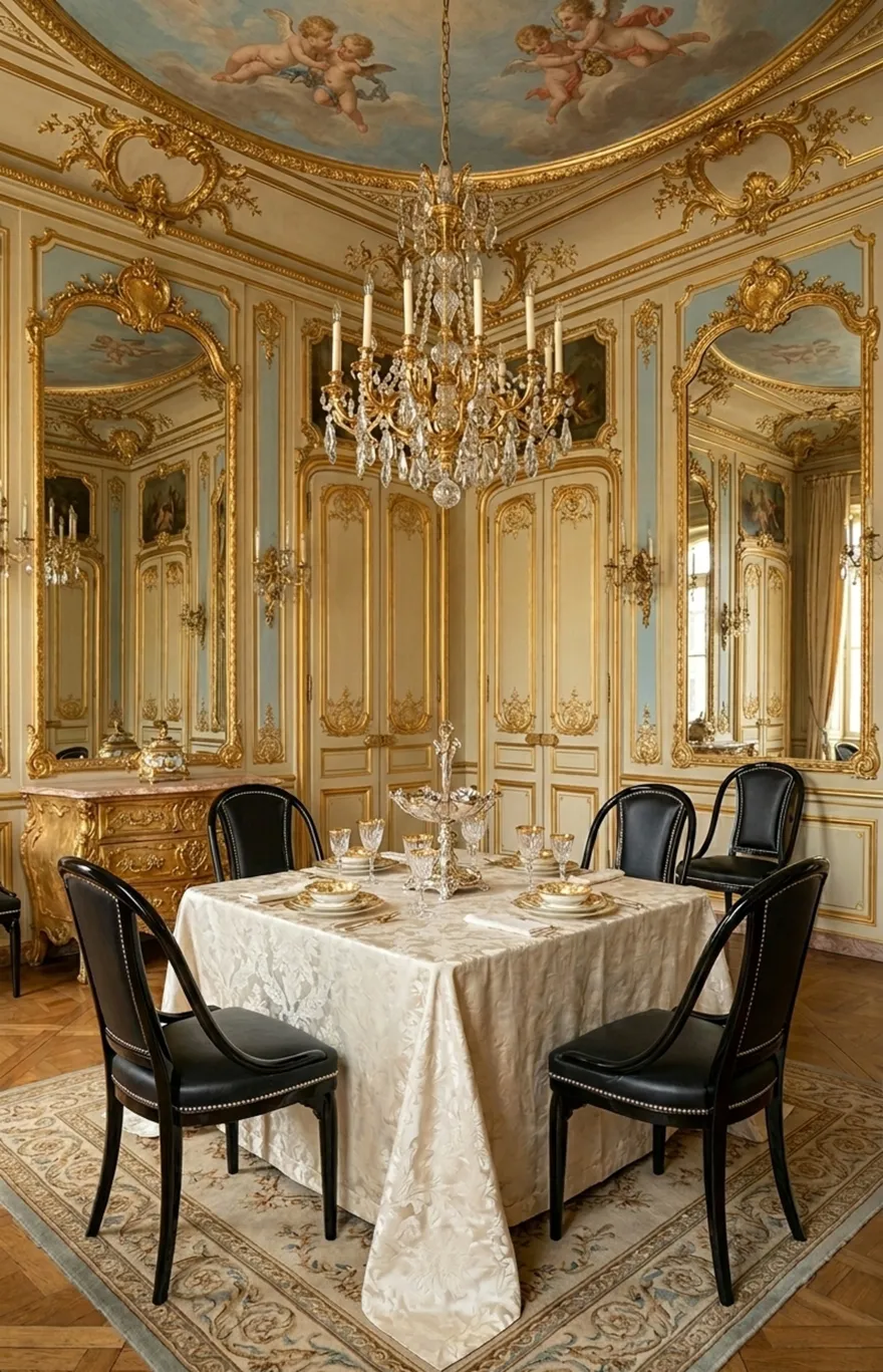 Four antique thonet chairs around an elegant table, decorated with crystals and porcelain.