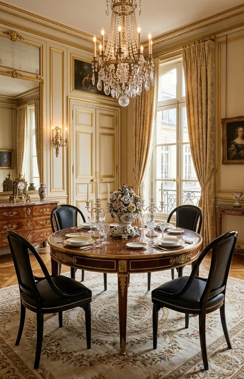 Cuatro sillas antiguas thonet en un elegante comedor, con mesa redonda y decoración clásica.