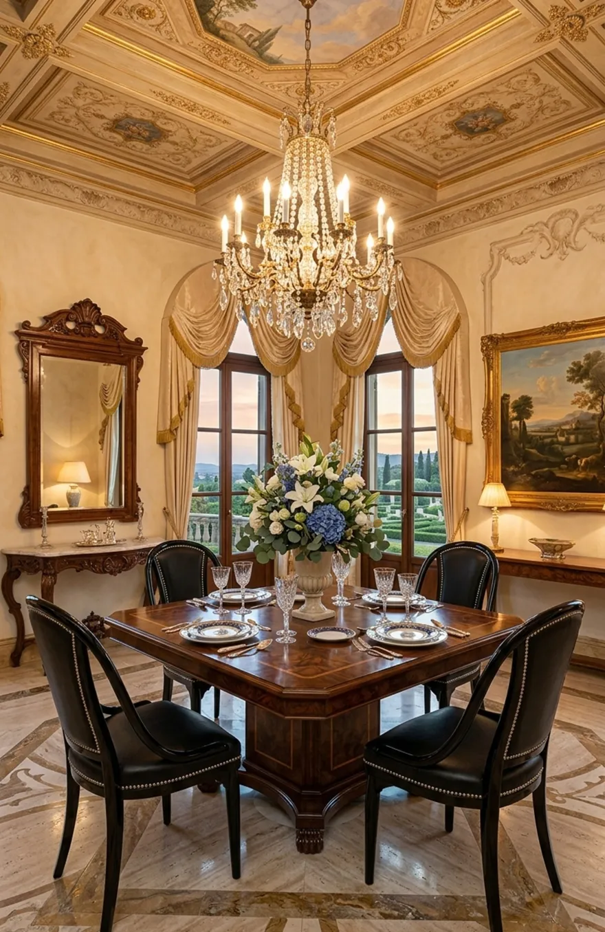 4 antike thonet-stühle in einem eleganten speisezimmer mit kronleuchter