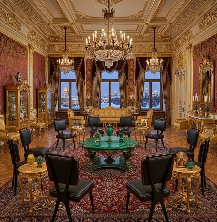 Sillas antiguas en un elegante salón, rodeadas de lujosos elementos decorativos.