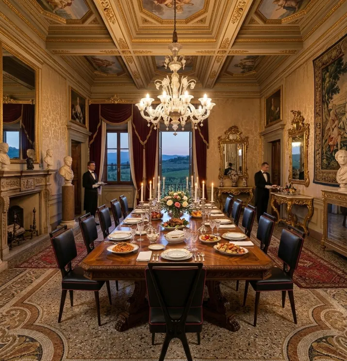 Mesa elegante com 12 cadeiras antigas em um ambiente luxuoso.