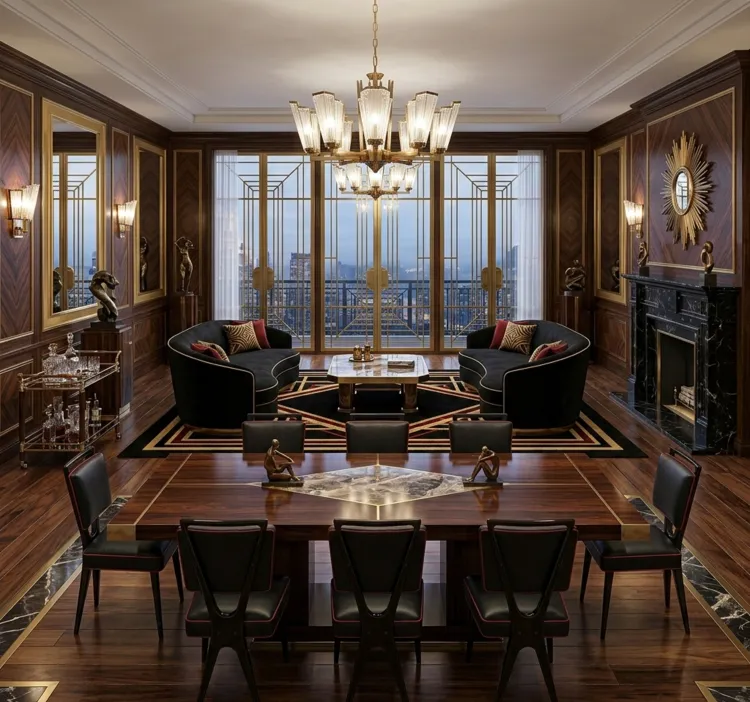 Vista di 12 sedie antiche in un ambiente elegante con dettagli di illuminazione e decorazione.