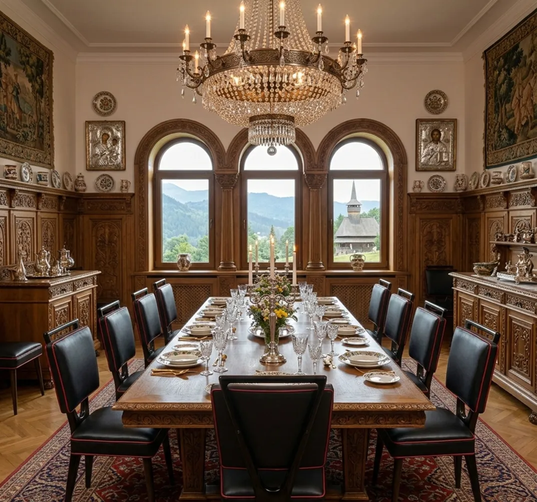 Elegante sala da pranzo con 12 sedie antiche da restaurare, lampadari, tavolo decorato.