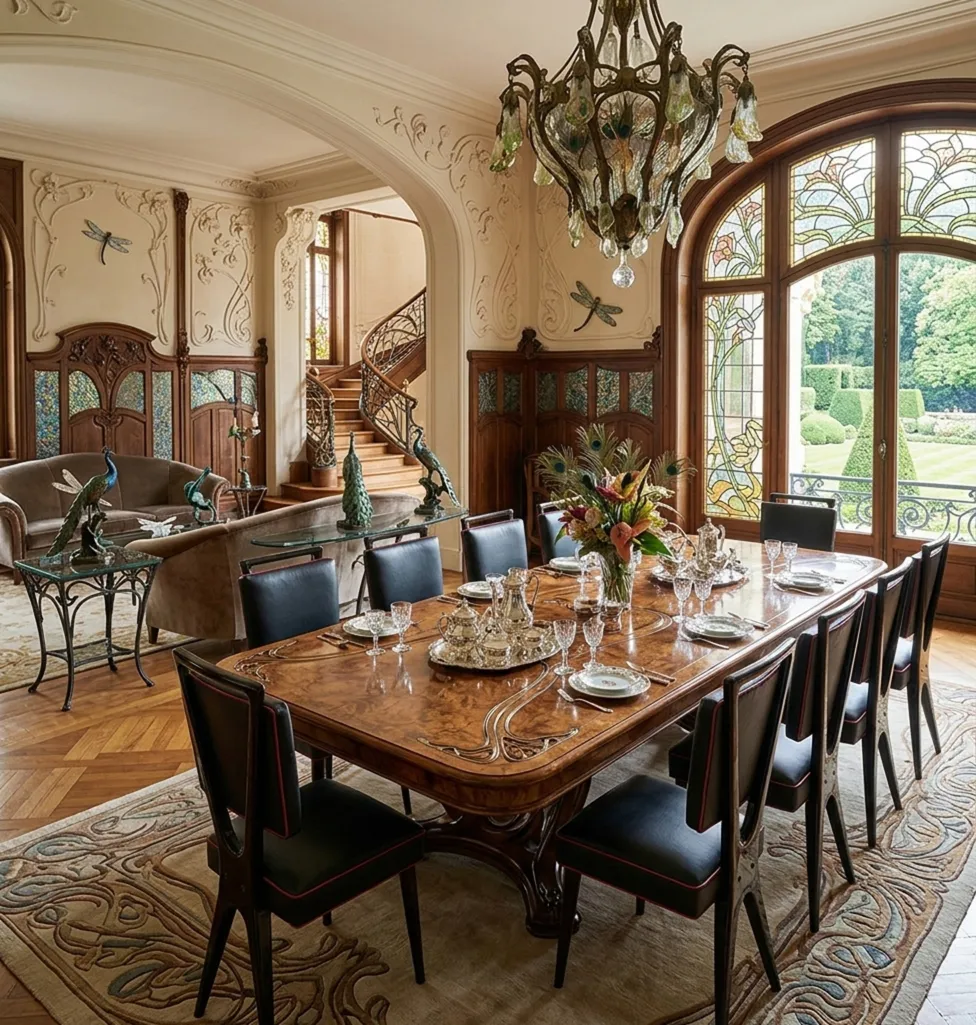 12 sedie antiche in una elegante sala da pranzo con decorazioni classiche.