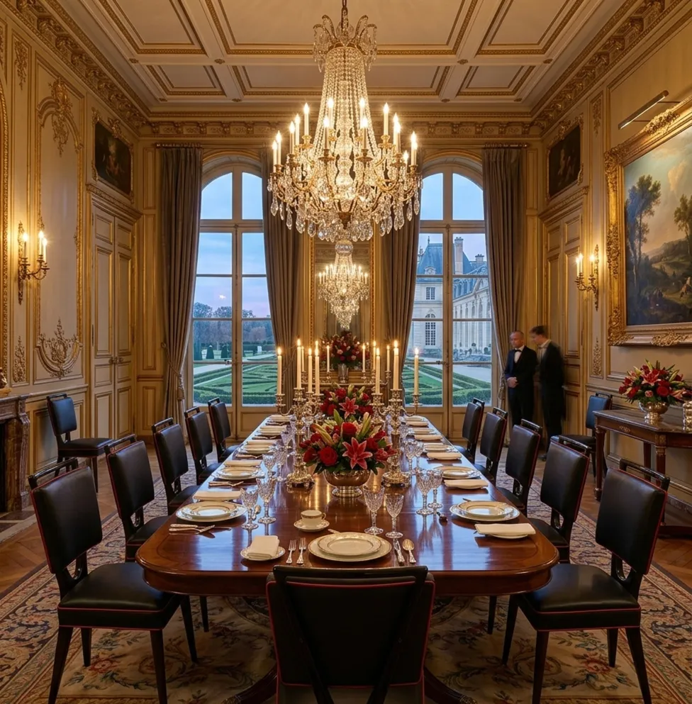 Table avec 12 chaises antiques dans une salle à manger élégante.