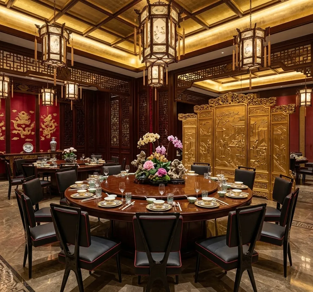 Set von 12 antiken Stühlen in einem eleganten Esszimmer, umgeben von luxuriösem Dekor.