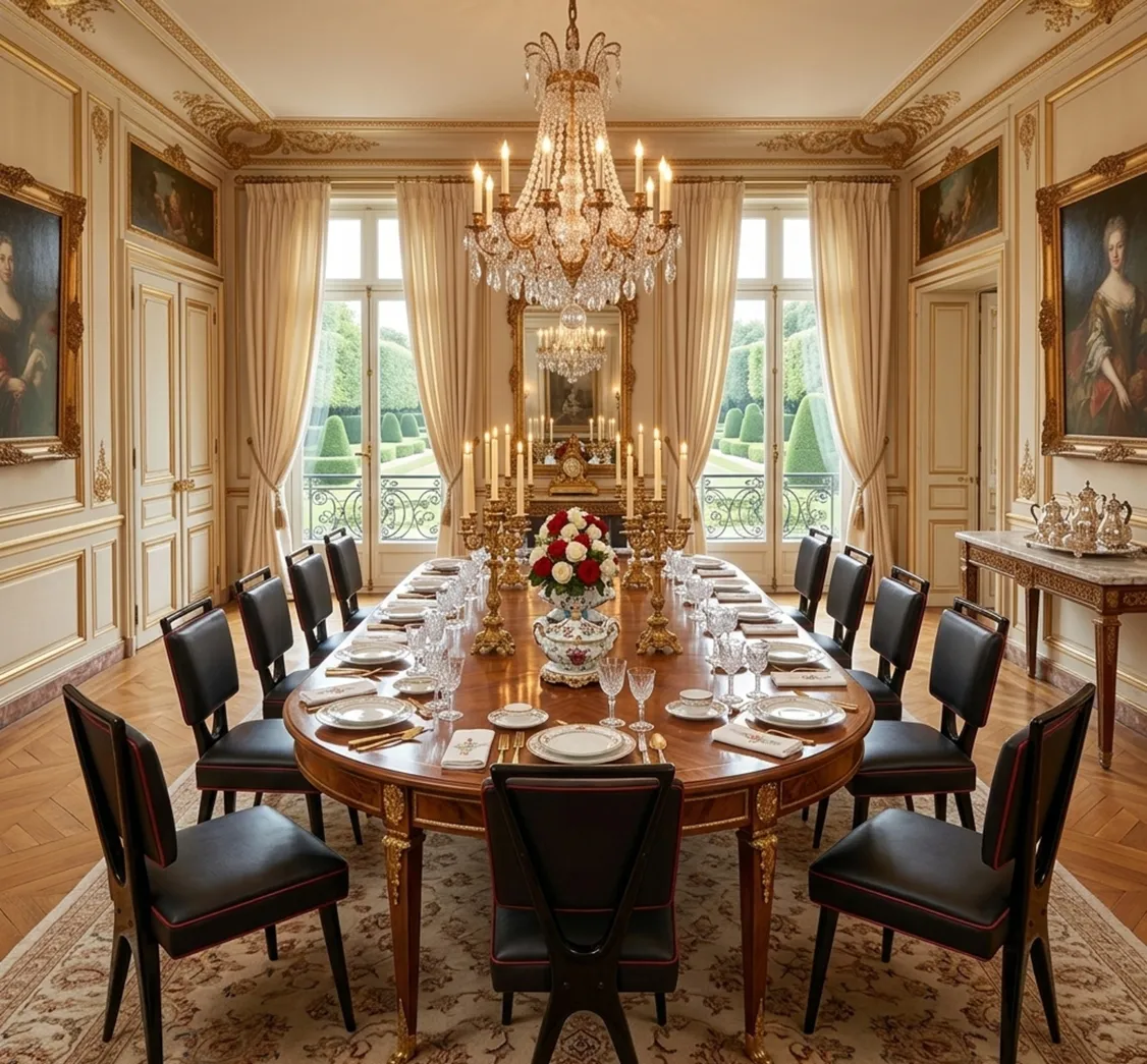 Comedor elegante con 12 sillas antiguas y una mesa exquisita, centro de flores y candelabros