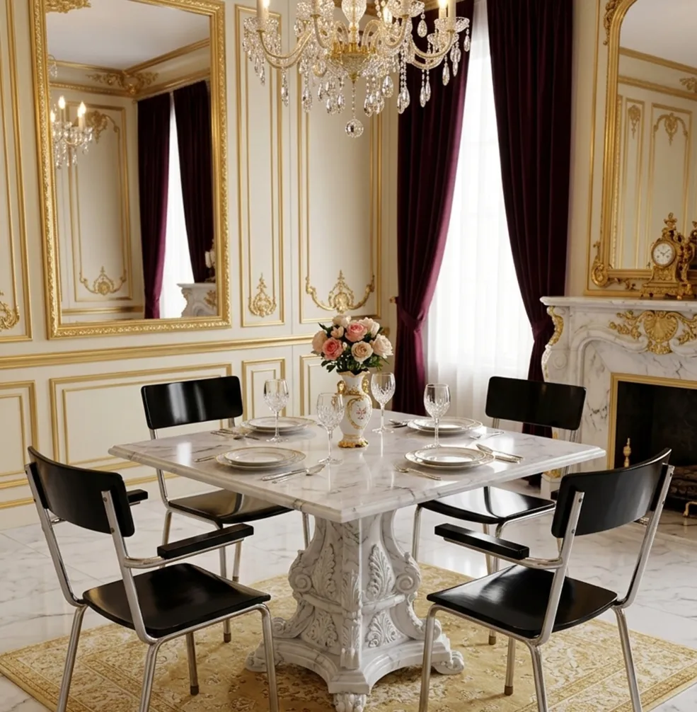 Set aus 4 antiken bauhaus stühlen um einen eleganten Tisch