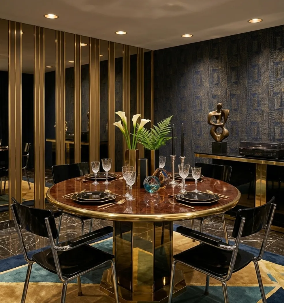 Cuatro sillas antiguas en un comedor elegante con decoraciones