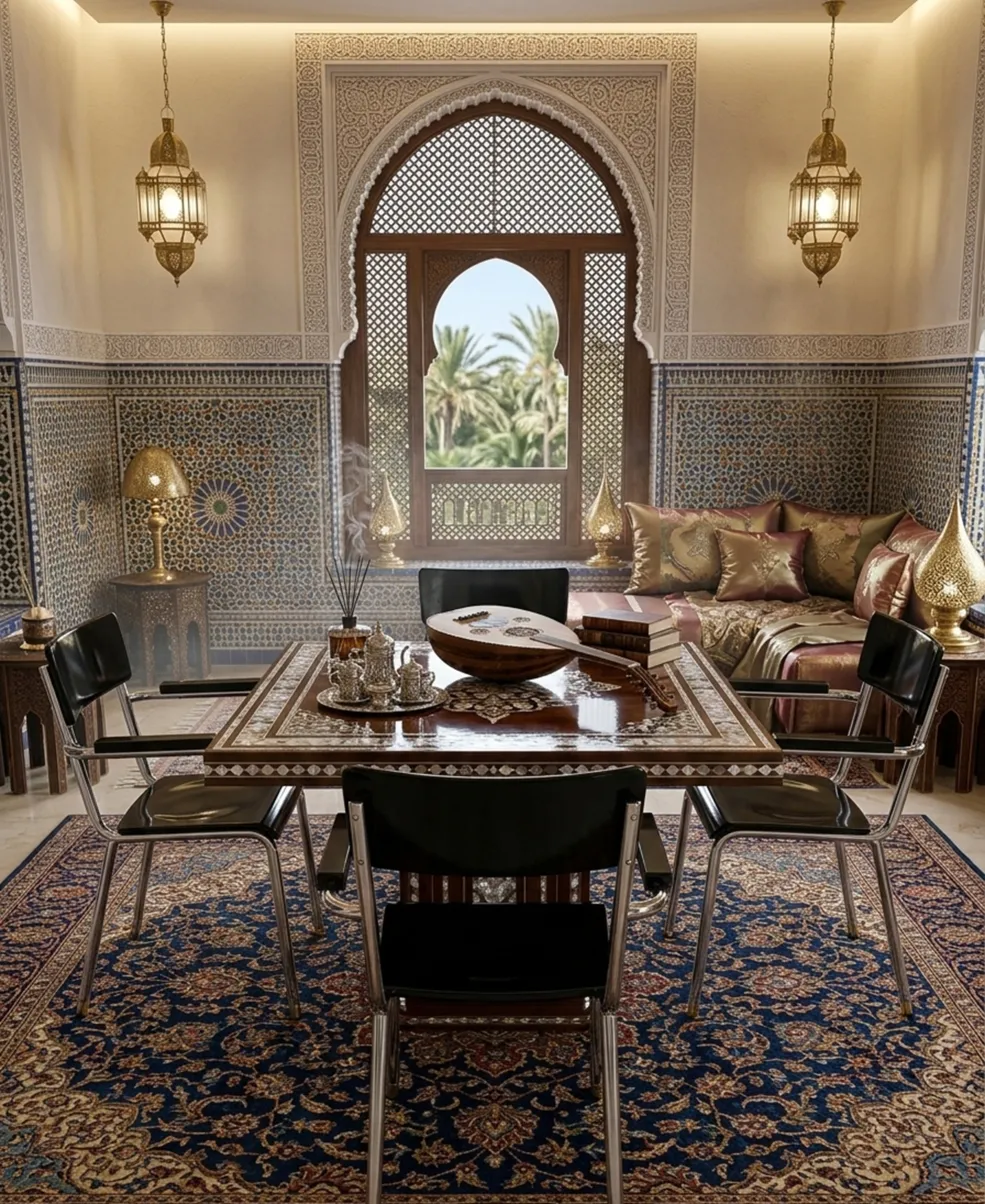 Четыре антикварных стула в стиле Баухаус в красиво оформленной комнате