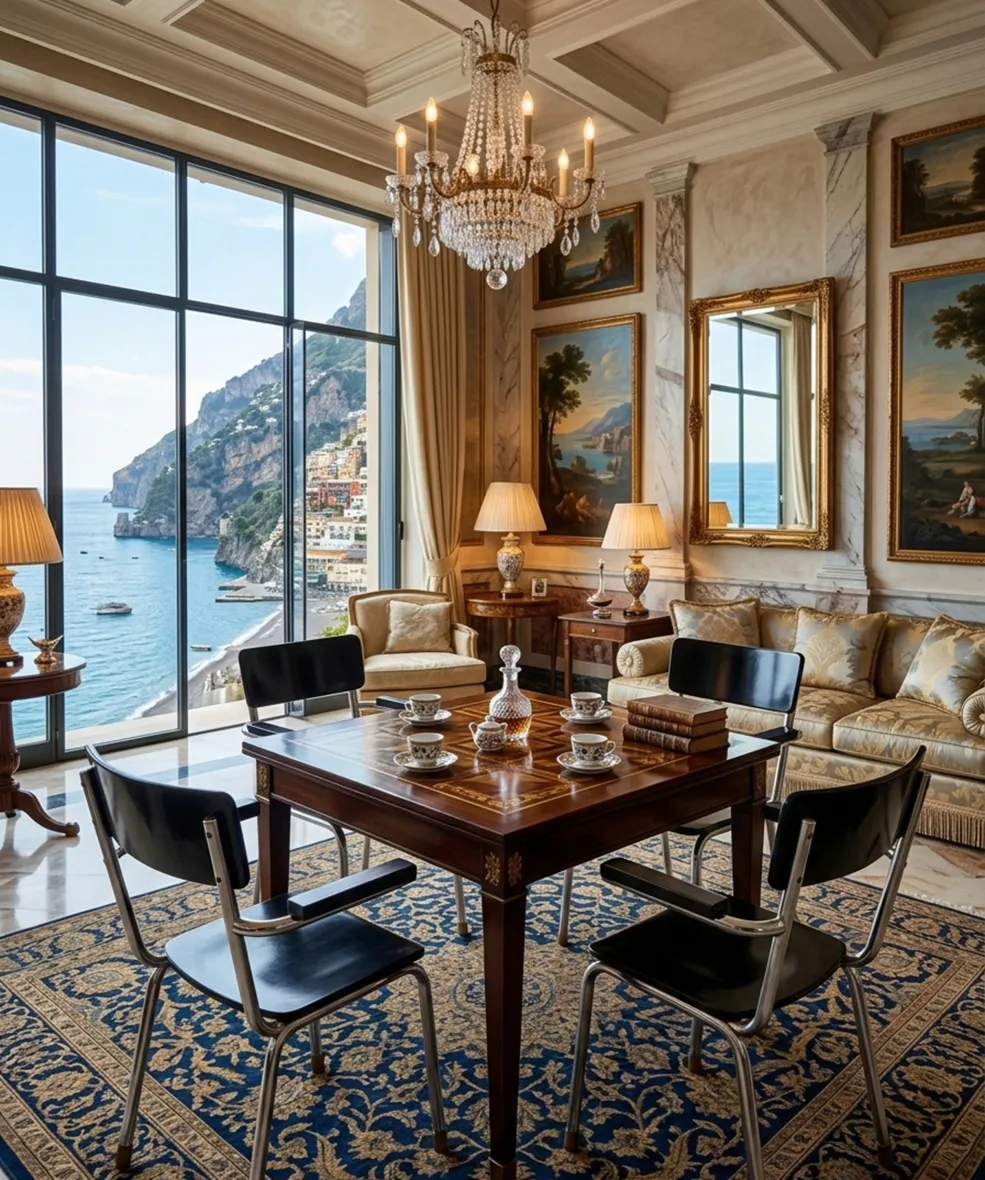 4 cadeiras antigas bauhaus em um espaço elegante com vista para o mar