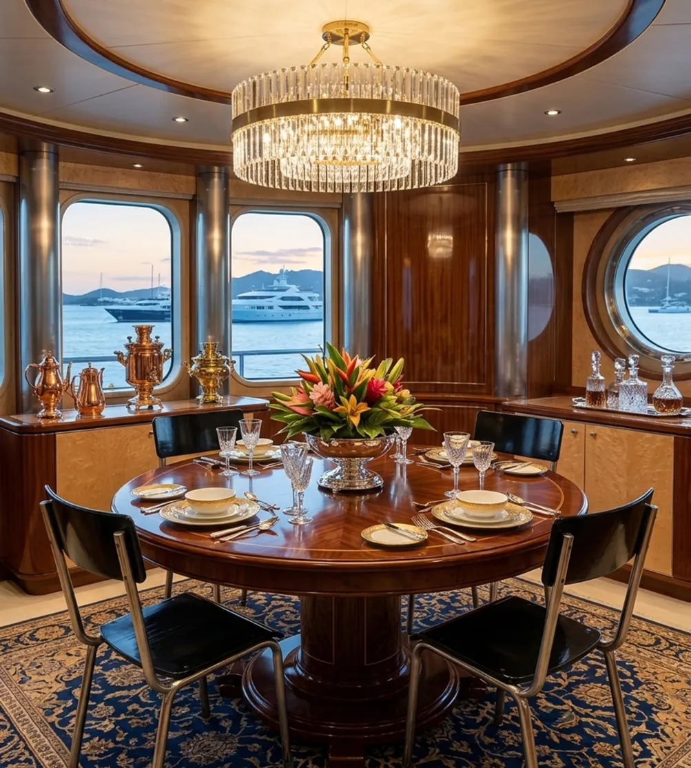 Vista de 4 sillas antiguas alrededor de una mesa en el comedor