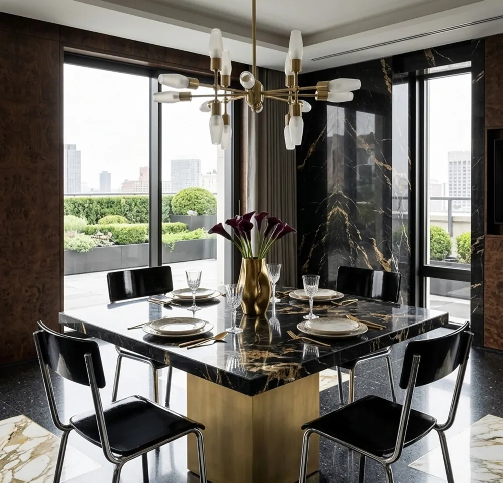 Quattro sedie antiche di stile Bauhaus in una sala da pranzo elegante