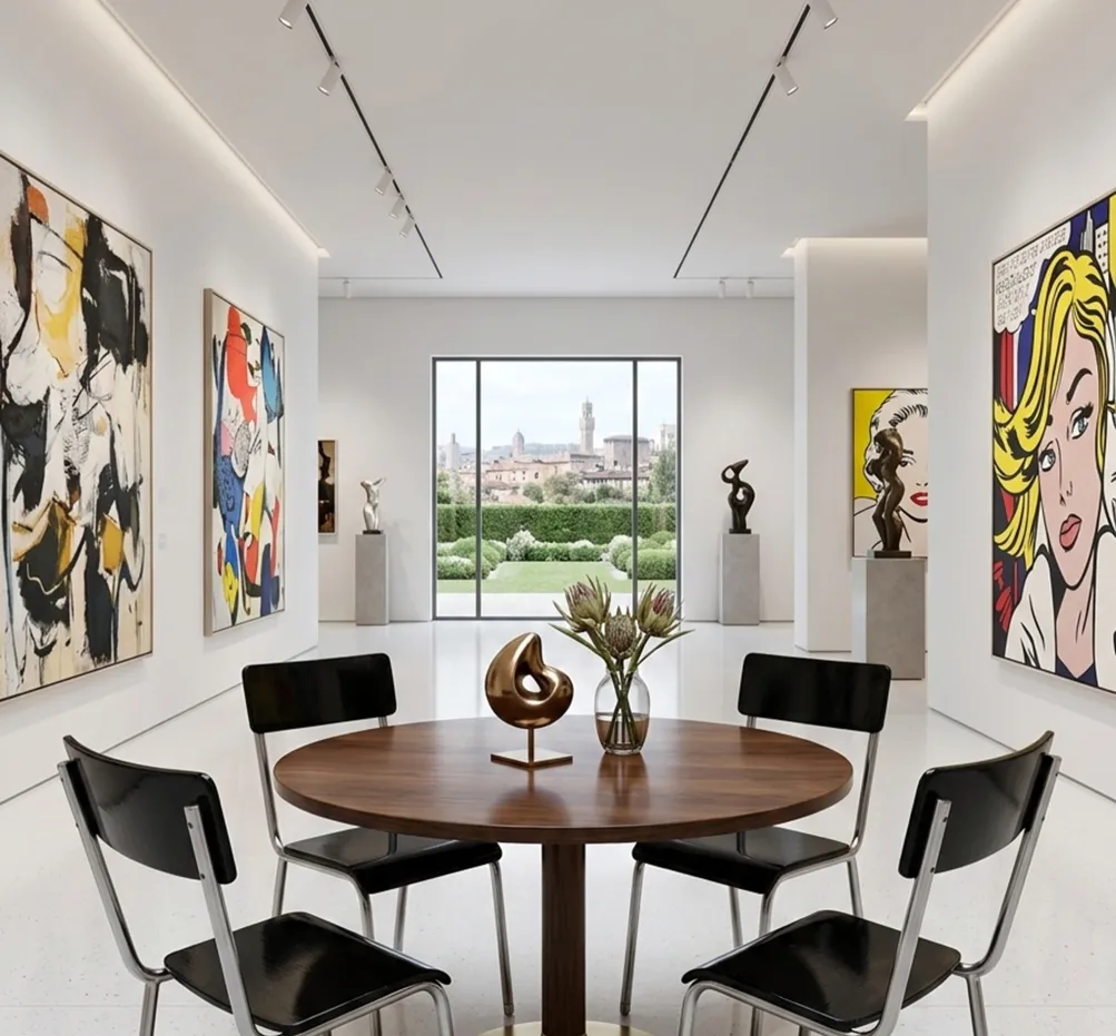 Quatre chaises anciennes de Bauhaus autour d'une table dans une pièce moderne avec de l'art contemporain