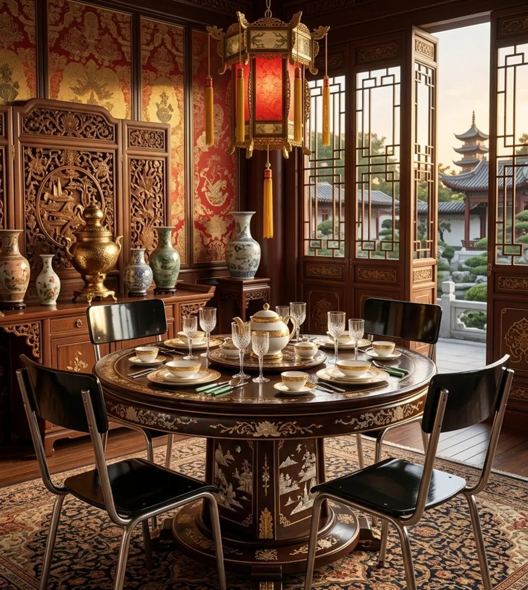 고풍스러운 바우하우스 의자가 장식용 테이블 옆에 있습니다