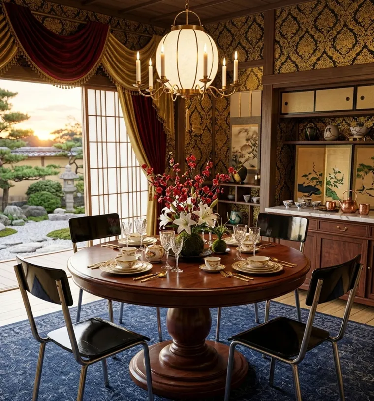 Vier antike Stühle in einem Esszimmer mit runder Tafel und eleganter Dekoration. Blumen und Besteck ordentlich auf dem Tisch arrangiert.