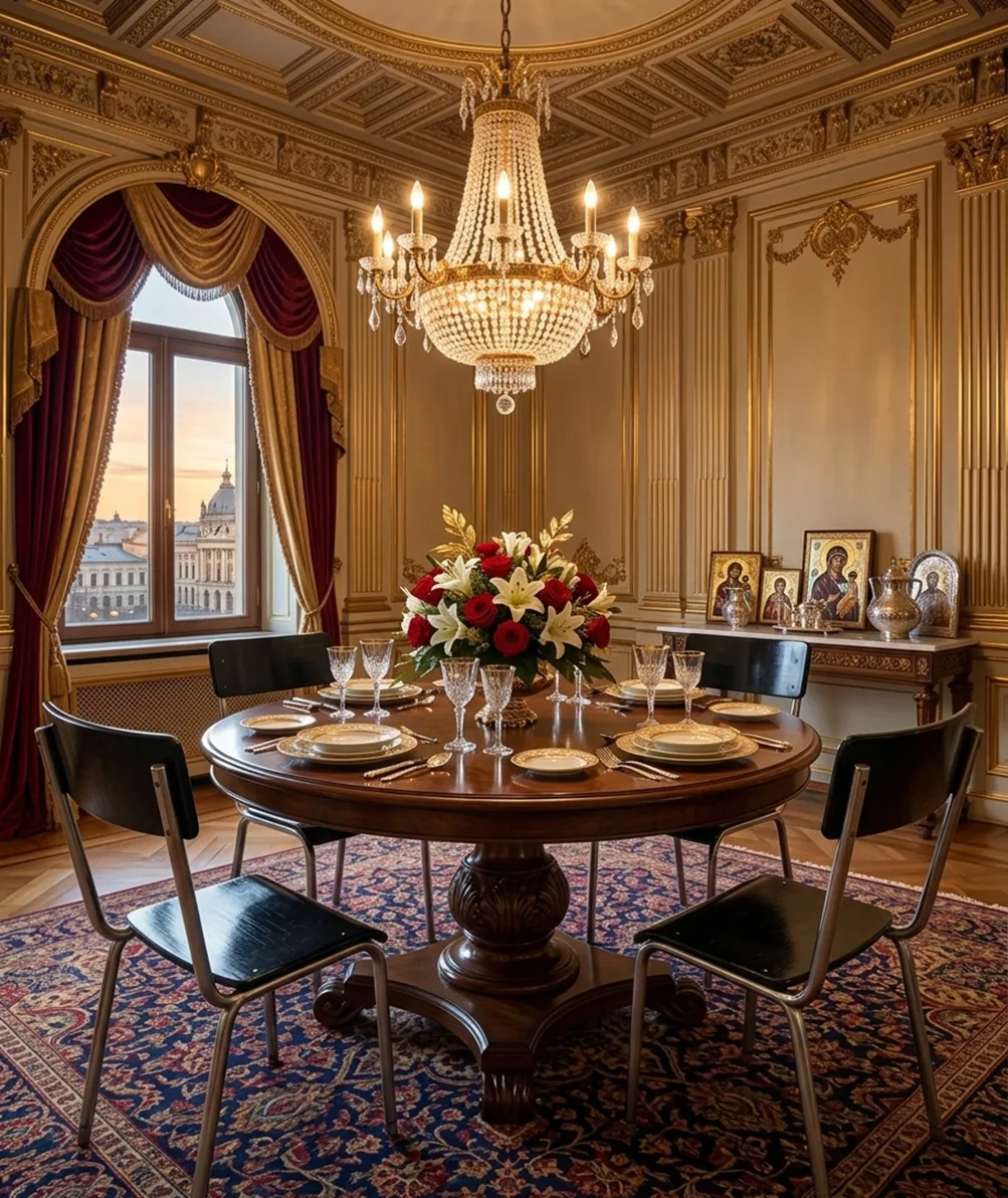 Cuatro sillas antiguas de diseño Bauhaus en un comedor elegante