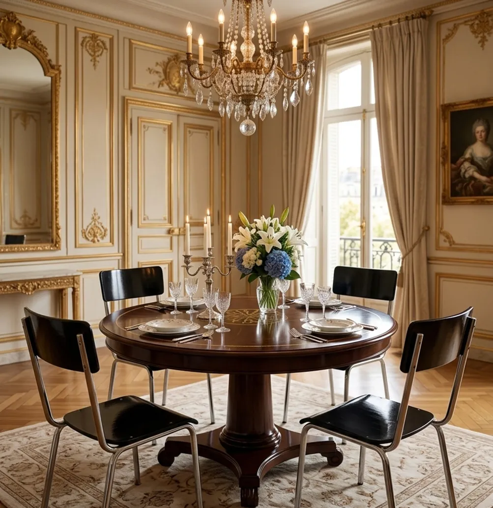 Cuatro sillas antiguas negras frente a una mesa elegante