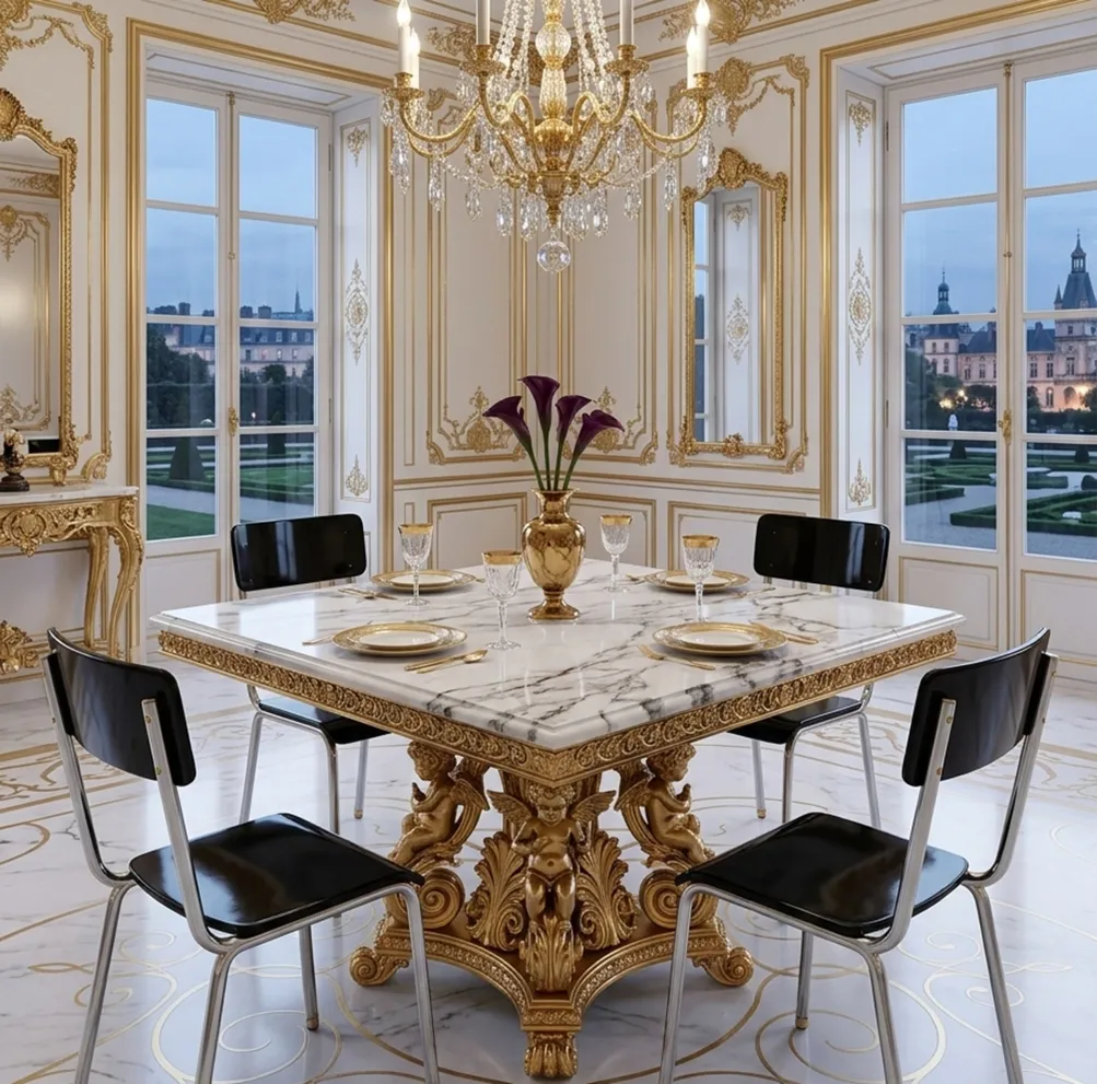 우아한 식당에 있는 4개의 고대 bauhaus 의자.