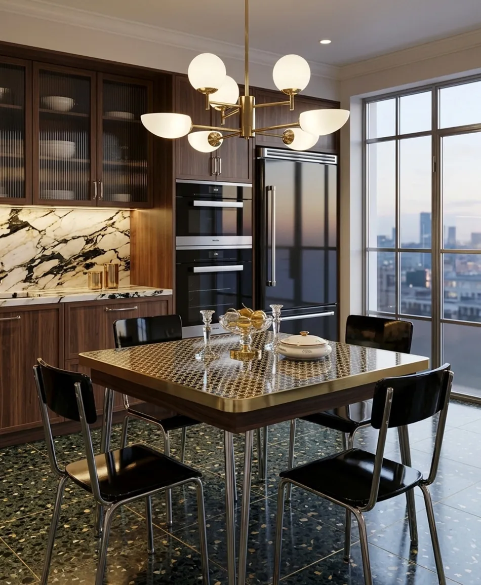 Cuatro sillas de diseño antiguo Bauhaus en un comedor moderno.