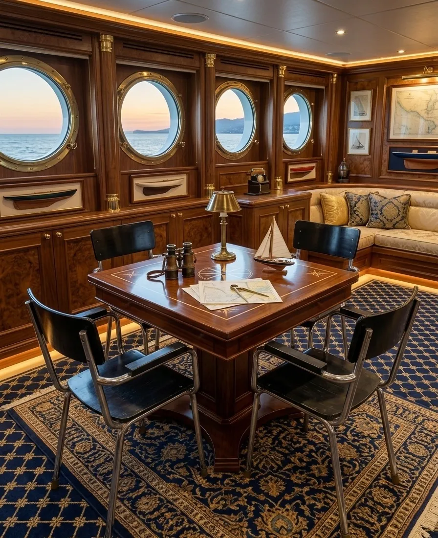 four antique chairs in an elegant setting with large windows